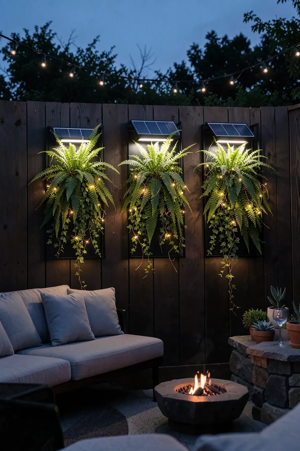 Illuminated vertical planters on a wooden fence at night with warm solar lights and greenery.