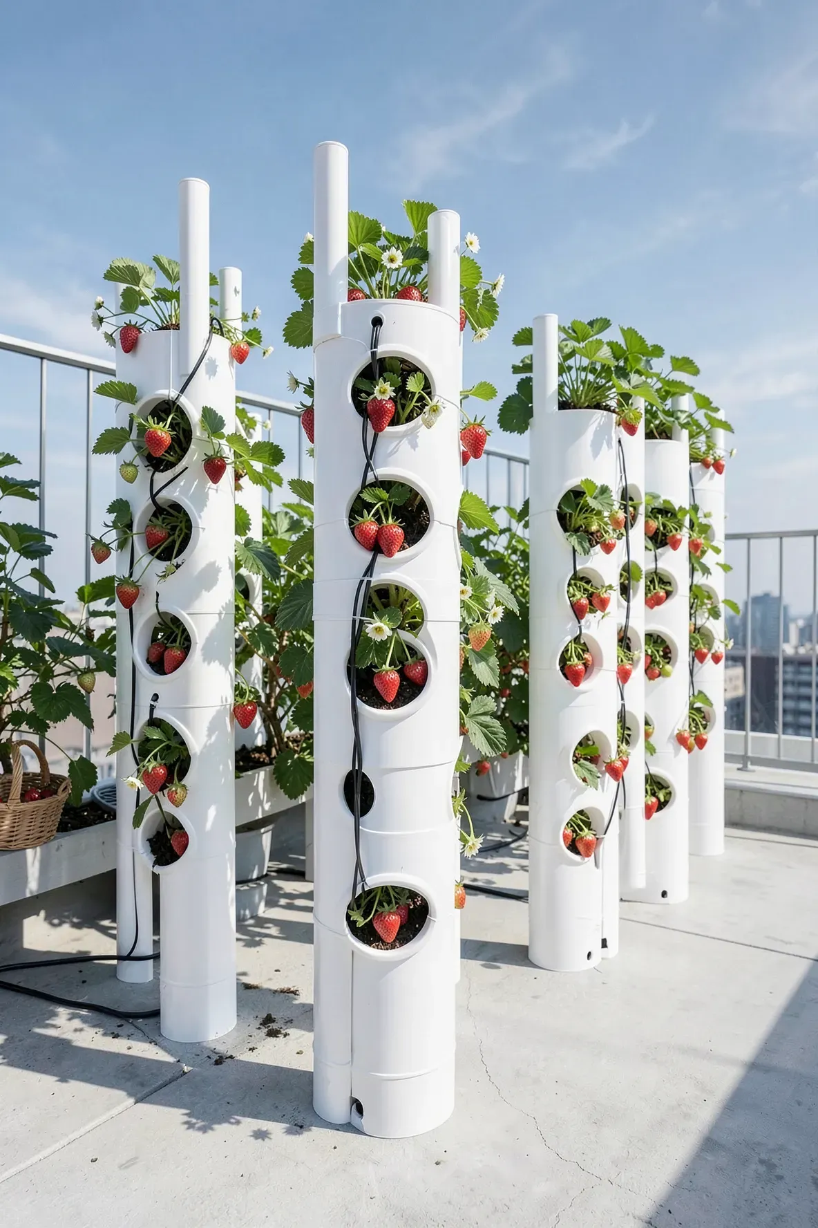 Tall white PVC pipes with holes used as vertical planters for growing strawberries on a patio.