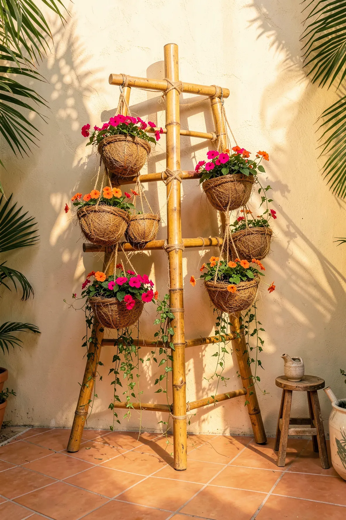 A bamboo pole frame holding coconut husk baskets filled with pink and orange flowers.