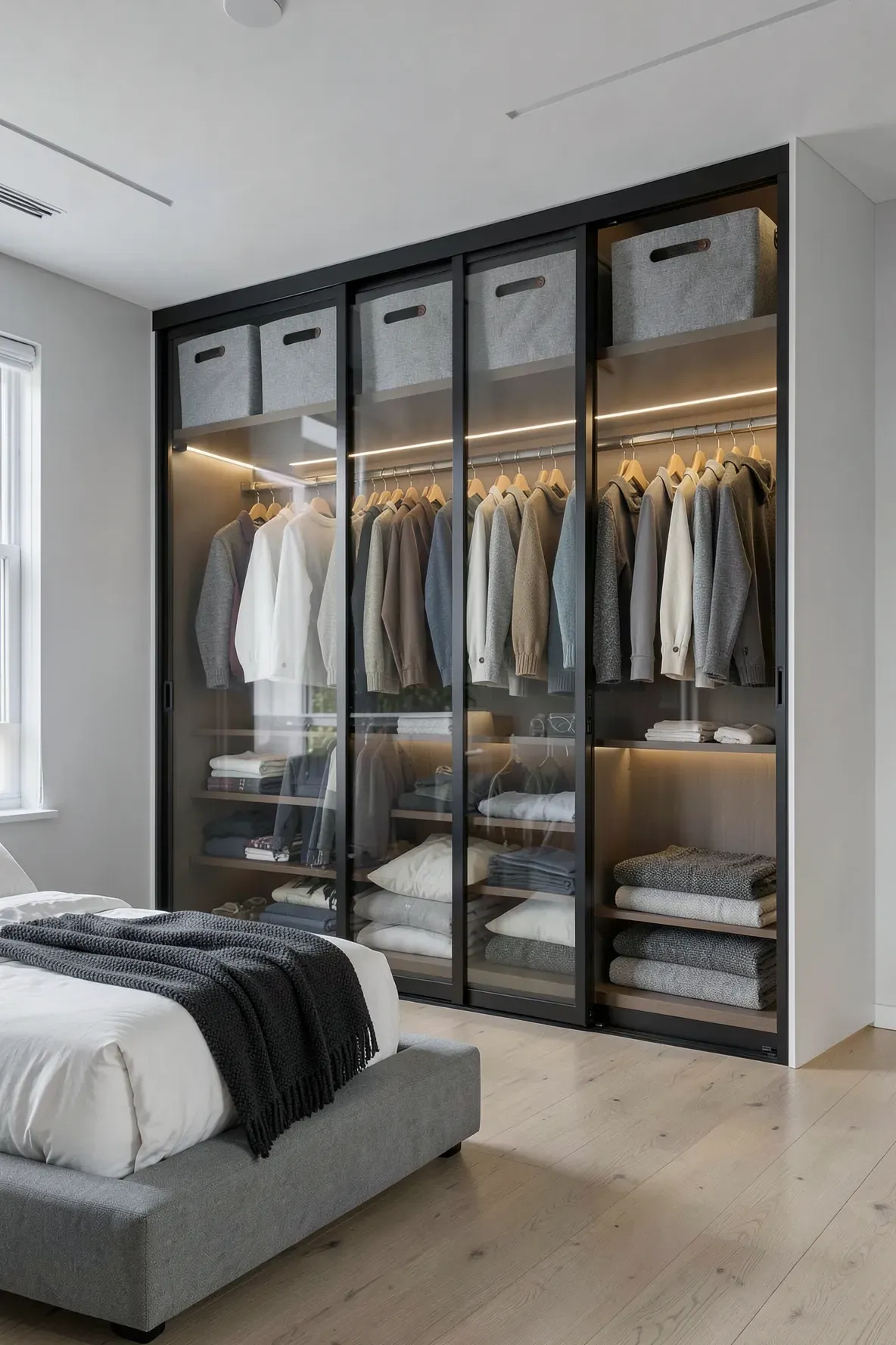 A floor-to-ceiling built-in wardrobe with sliding smoked glass doors and interior lighting.