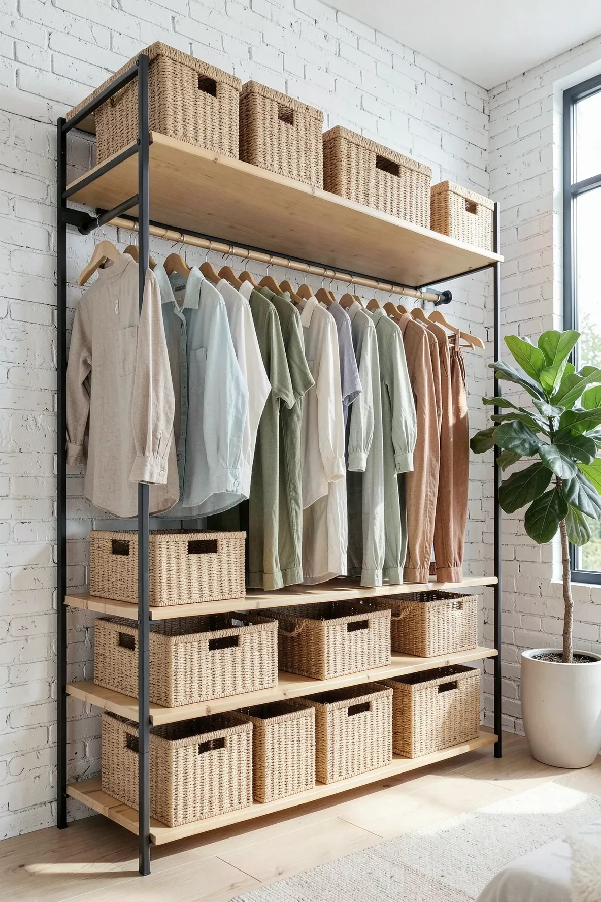 An open-concept bedroom closet featuring bamboo shelves, black metal rails, and woven baskets.
