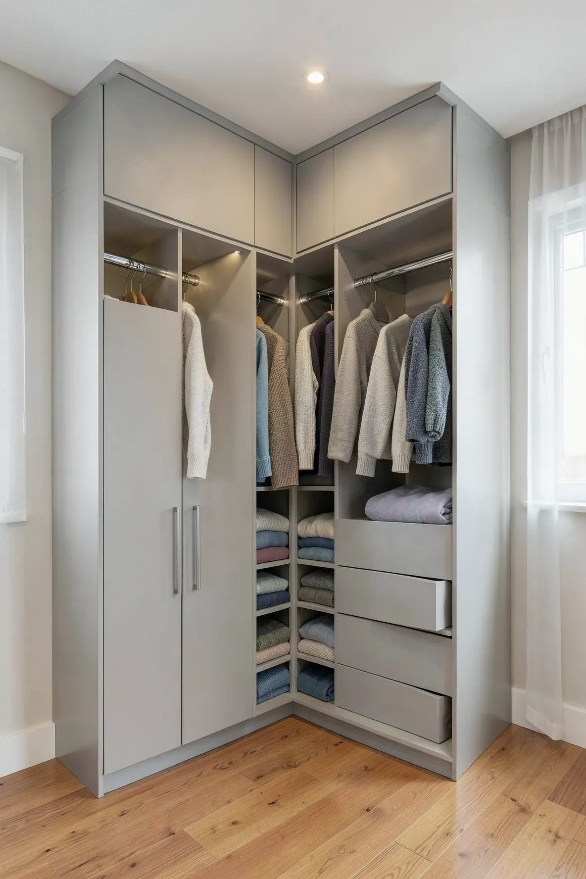 A corner built-in wardrobe with an L-shaped design and wraparound hanging rods.