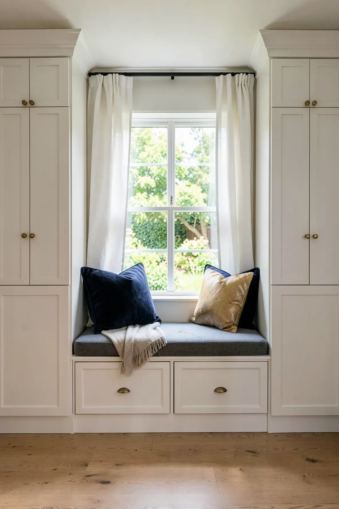 A cozy window seat with a built-in bench and drawers, framed by two tall white wardrobe cabinets.