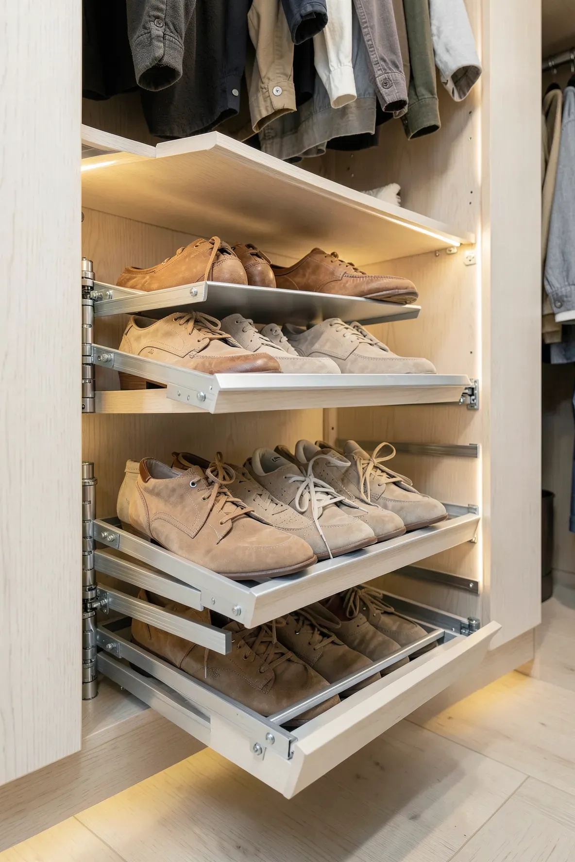 Organized pull-out shoe racks integrated into the lower section of a light wood built-in closet.