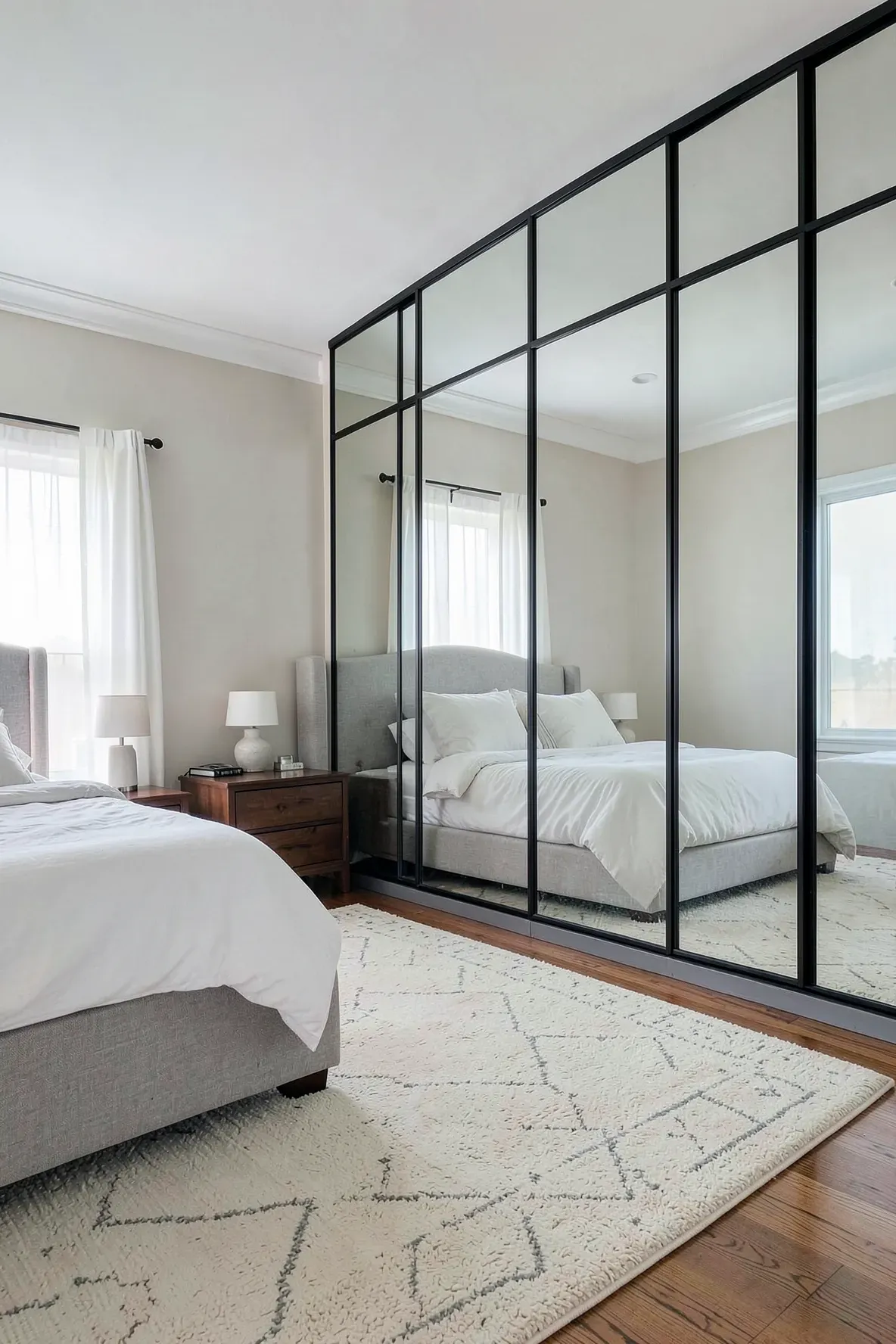 Full-length mirrored closet doors in a bright bedroom reflecting a modern bed and rug.