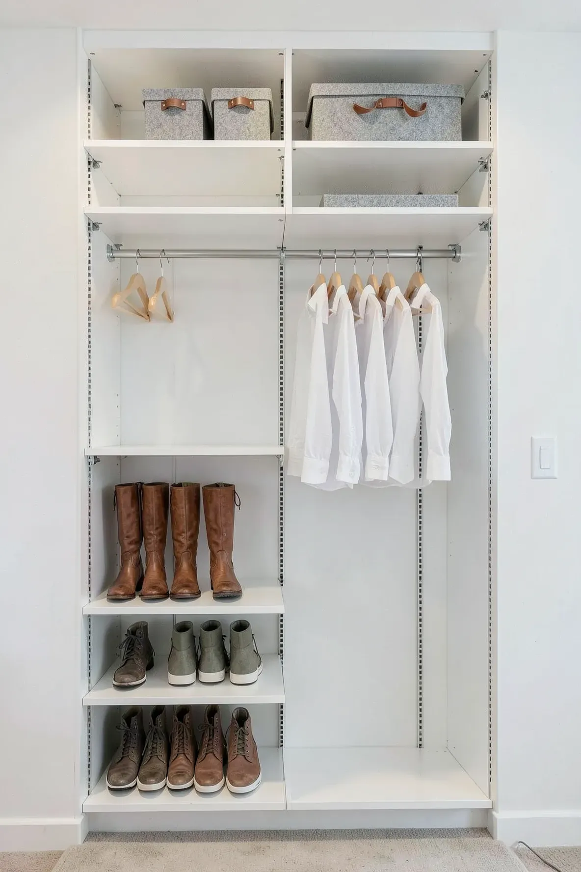 A white built-in closet with adjustable shelving tracks, wooden hangers, and shoe storage.