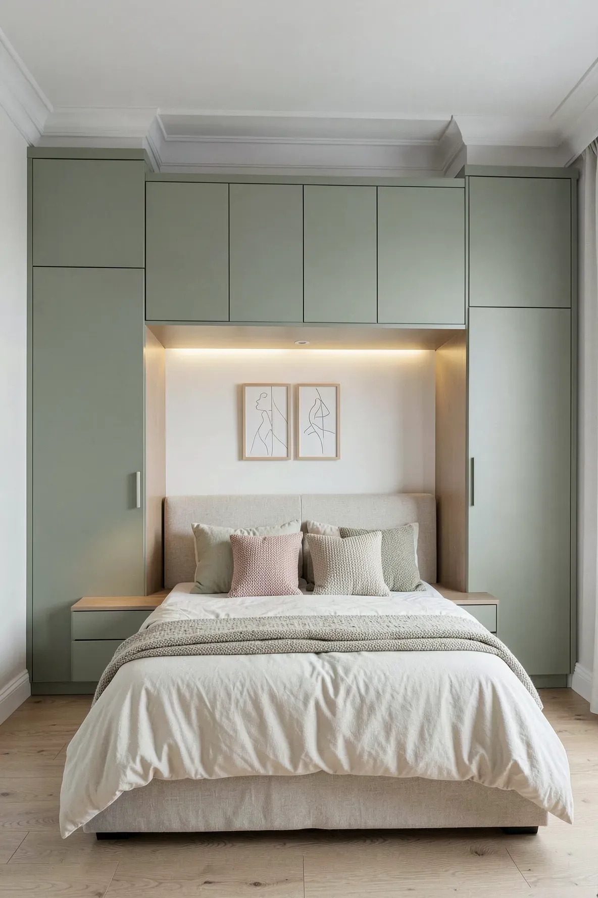 Built-in sage green wardrobes and overhead bridge cabinets framing a cozy bed with linen bedding.
