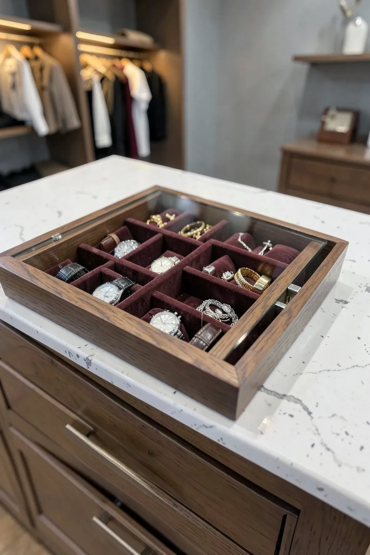 A walnut accessory drawer with a glass top and velvet-lined slots for watches and jewelry.