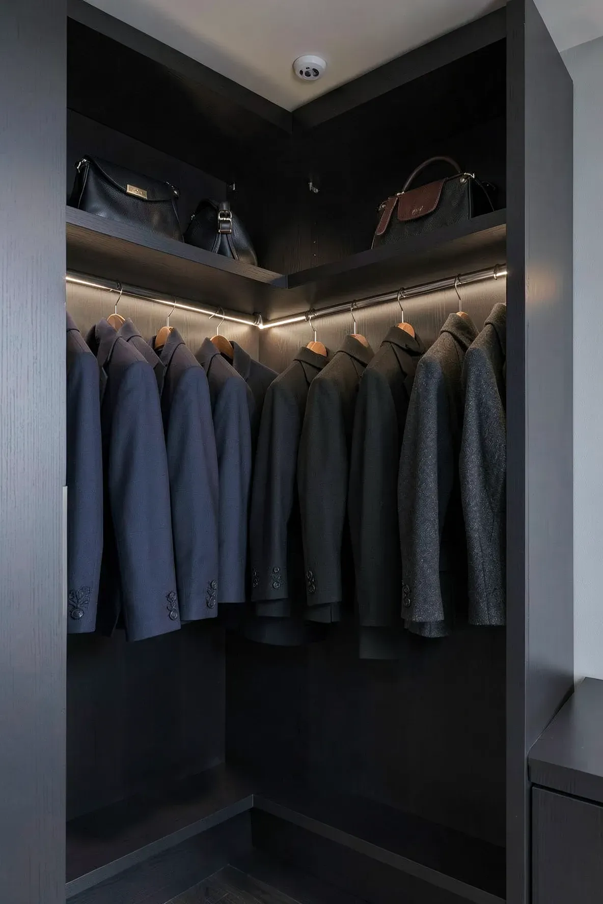 Vertical LED strip lights illuminating dark clothes and leather bags inside a charcoal closet.