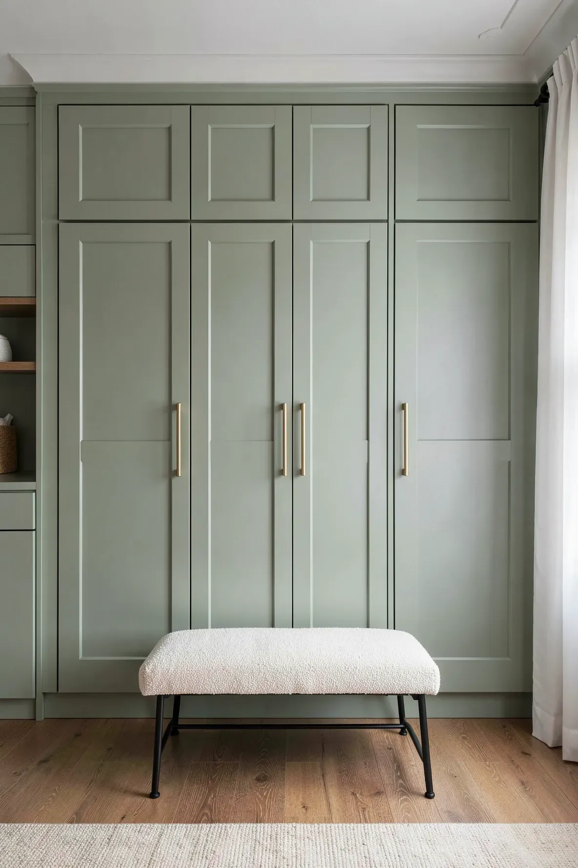 A full wall of sage green Shaker-style built-in closet doors with elegant brass handles.