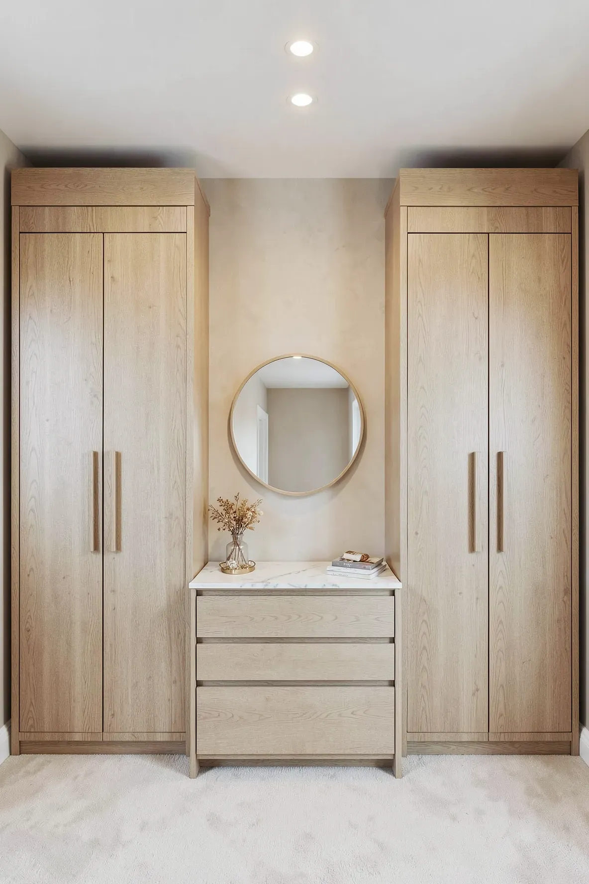 Symmetrical light oak built-in wardrobes for a couple, separated by a central dresser and mirror.