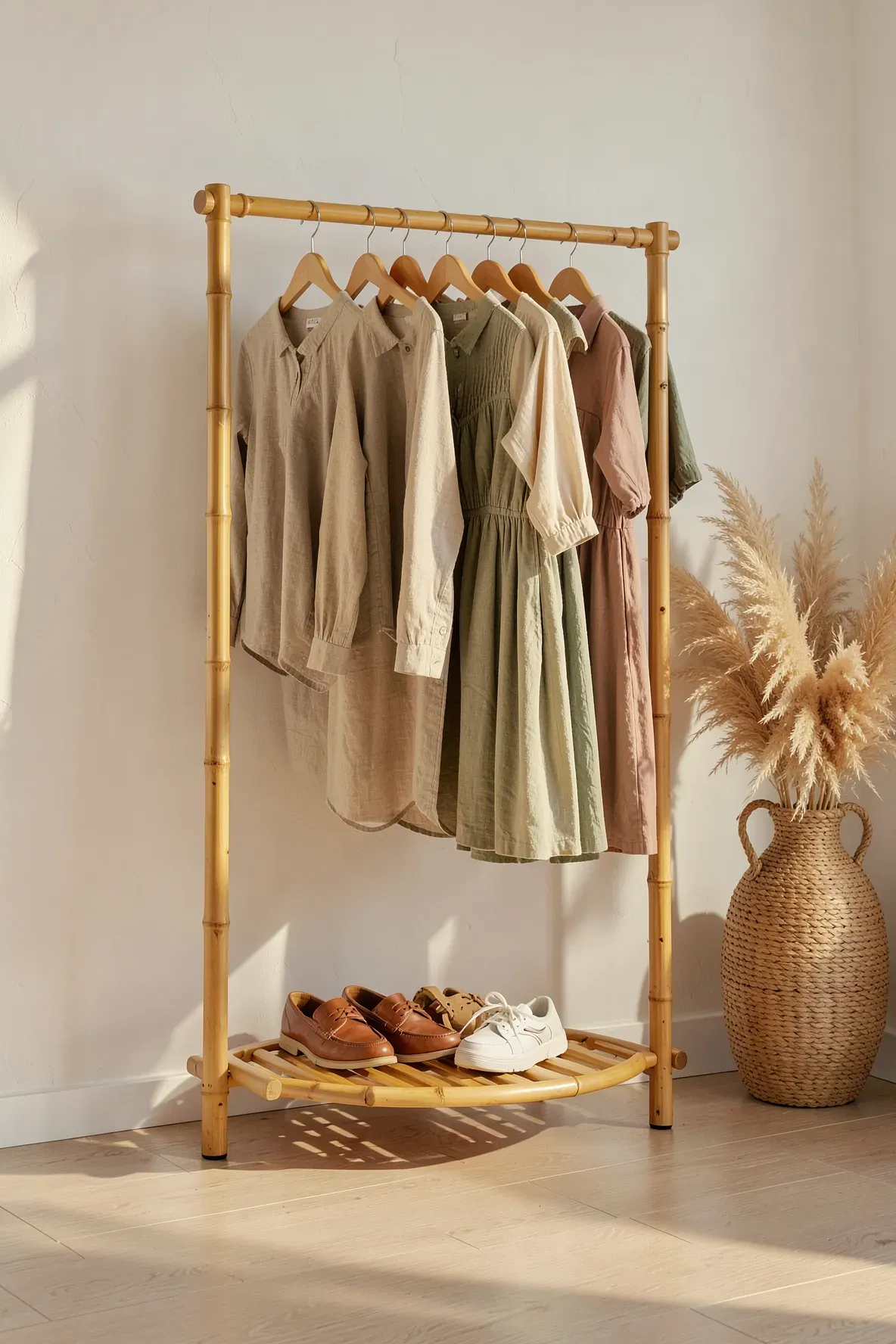 A natural bamboo garment rack with a built-in shoe shelf holding linen clothes and leather shoes.