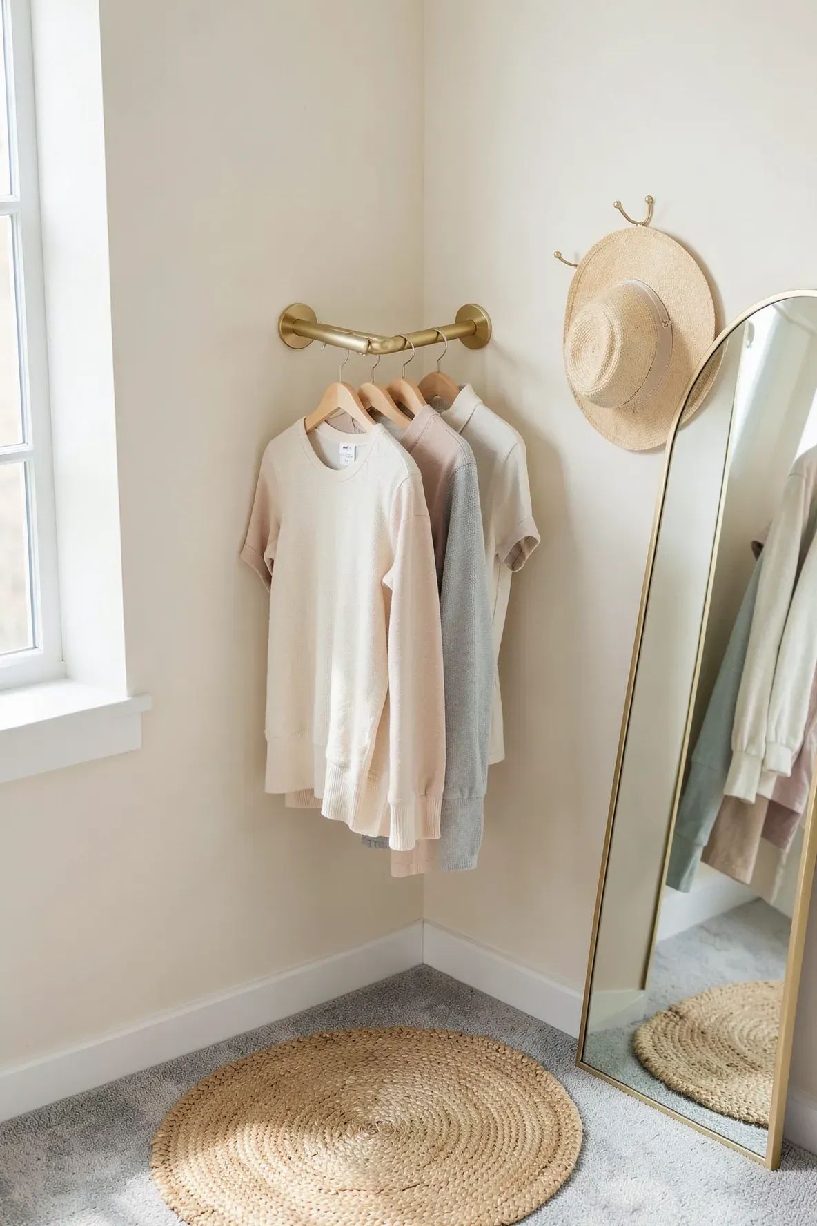 A gold L-shaped hanging rod mounted in a bedroom corner above a jute rug and next to a mirror.