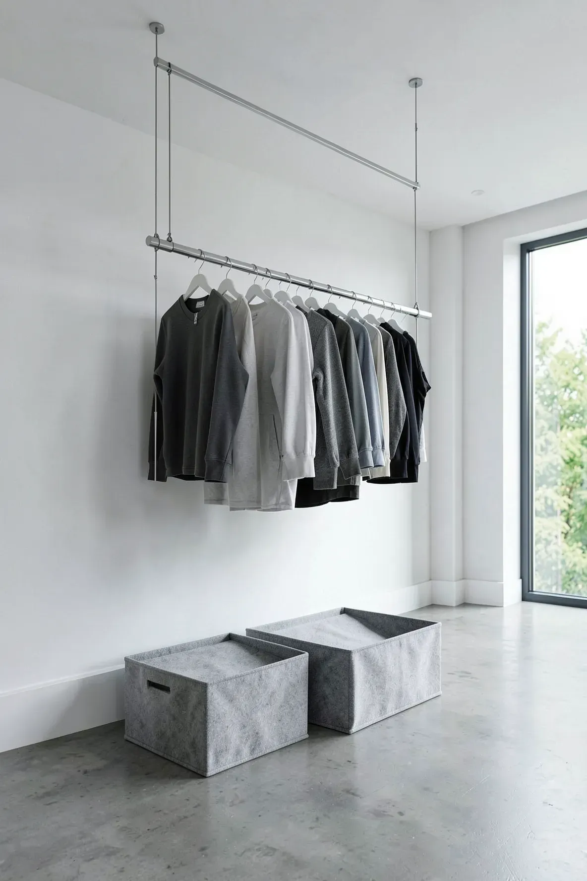 A stainless steel clothes rod suspended from the ceiling with storage bins on the floor below.