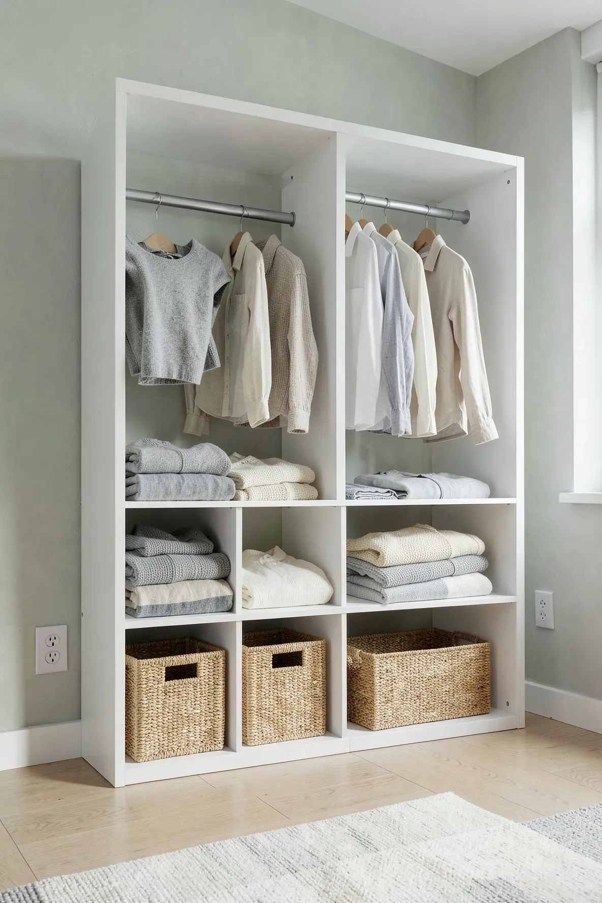 A white modular cube storage unit with folded clothes and a hanging rod in a bright bedroom.