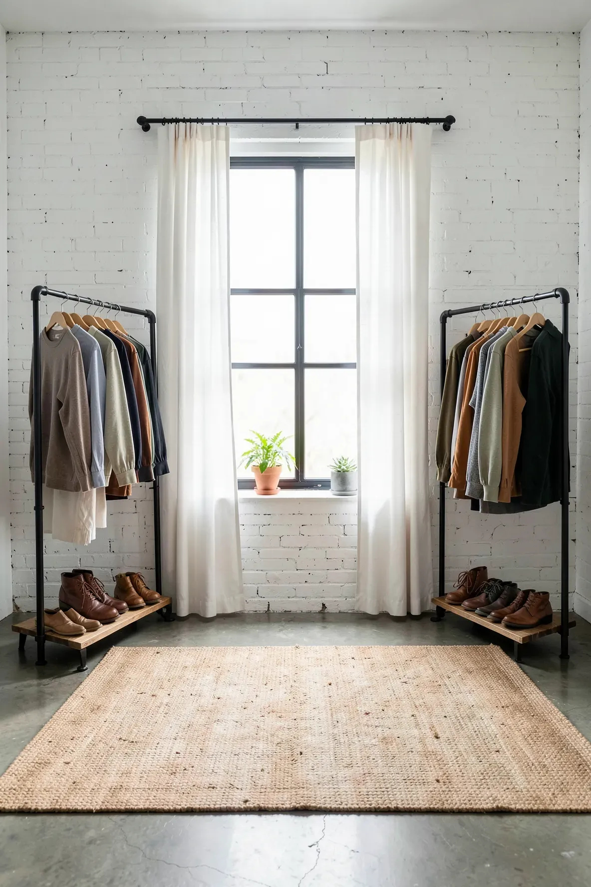 Two black metal clothing racks flanking a window with sheer curtains in a symmetrical bedroom.