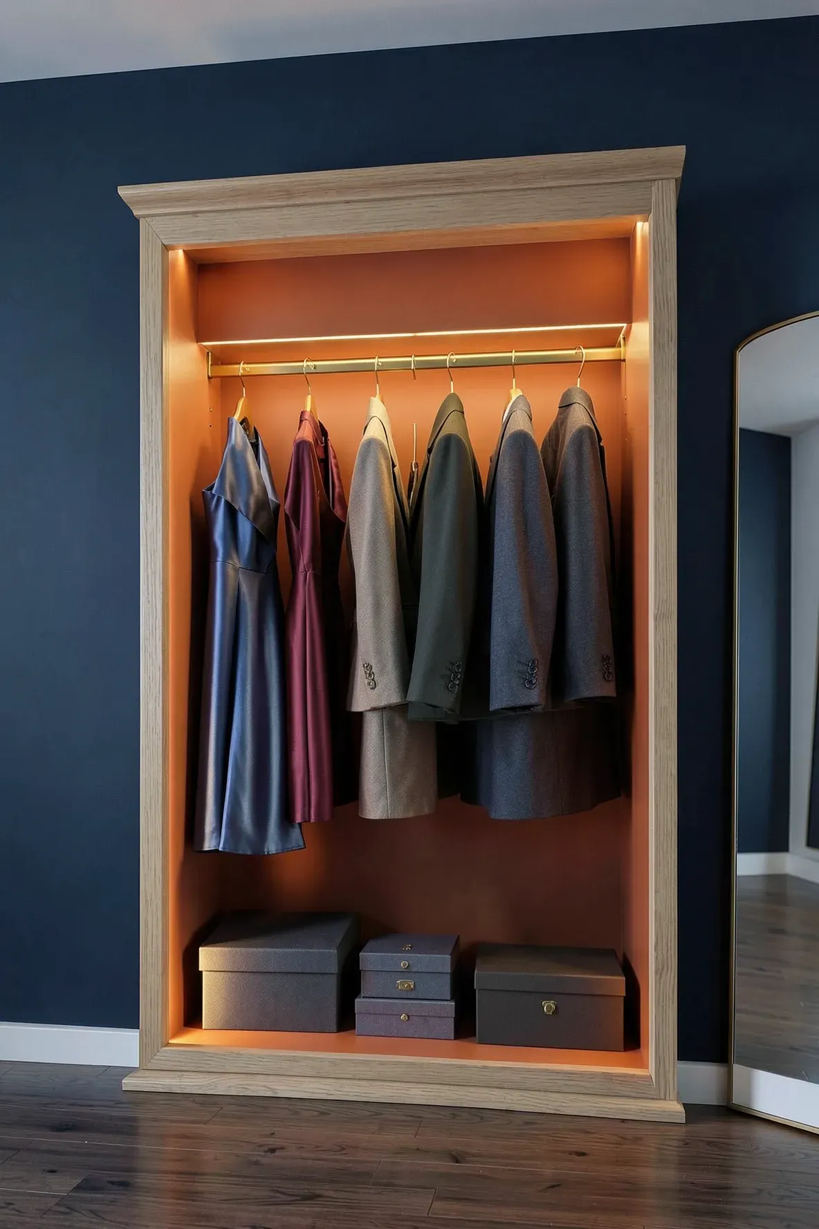 An open oak wardrobe frame with a terracotta interior against a navy wall in a luxury bedroom.