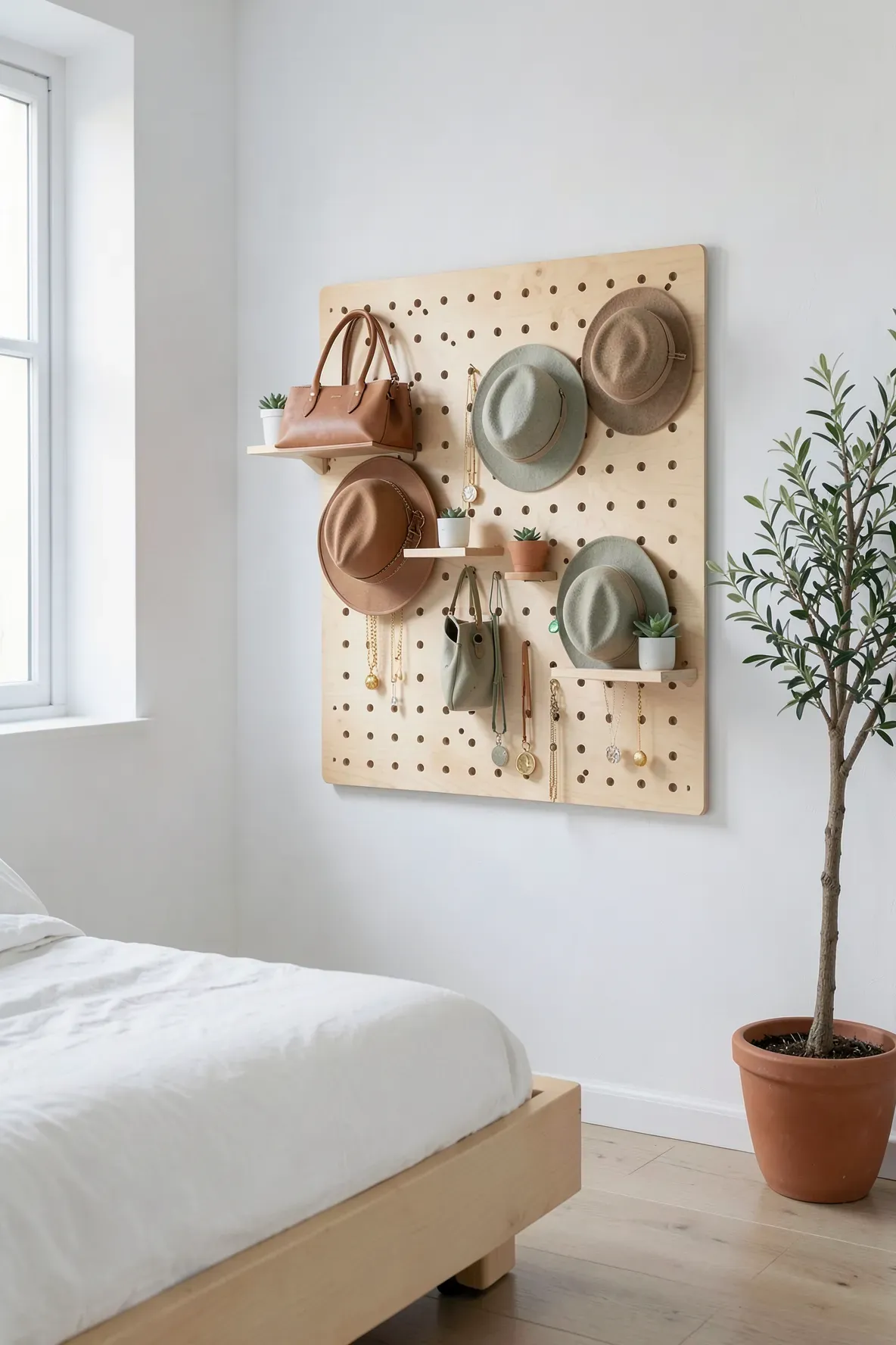 A large birch pegboard holding hats and bags on a white bedroom wall.