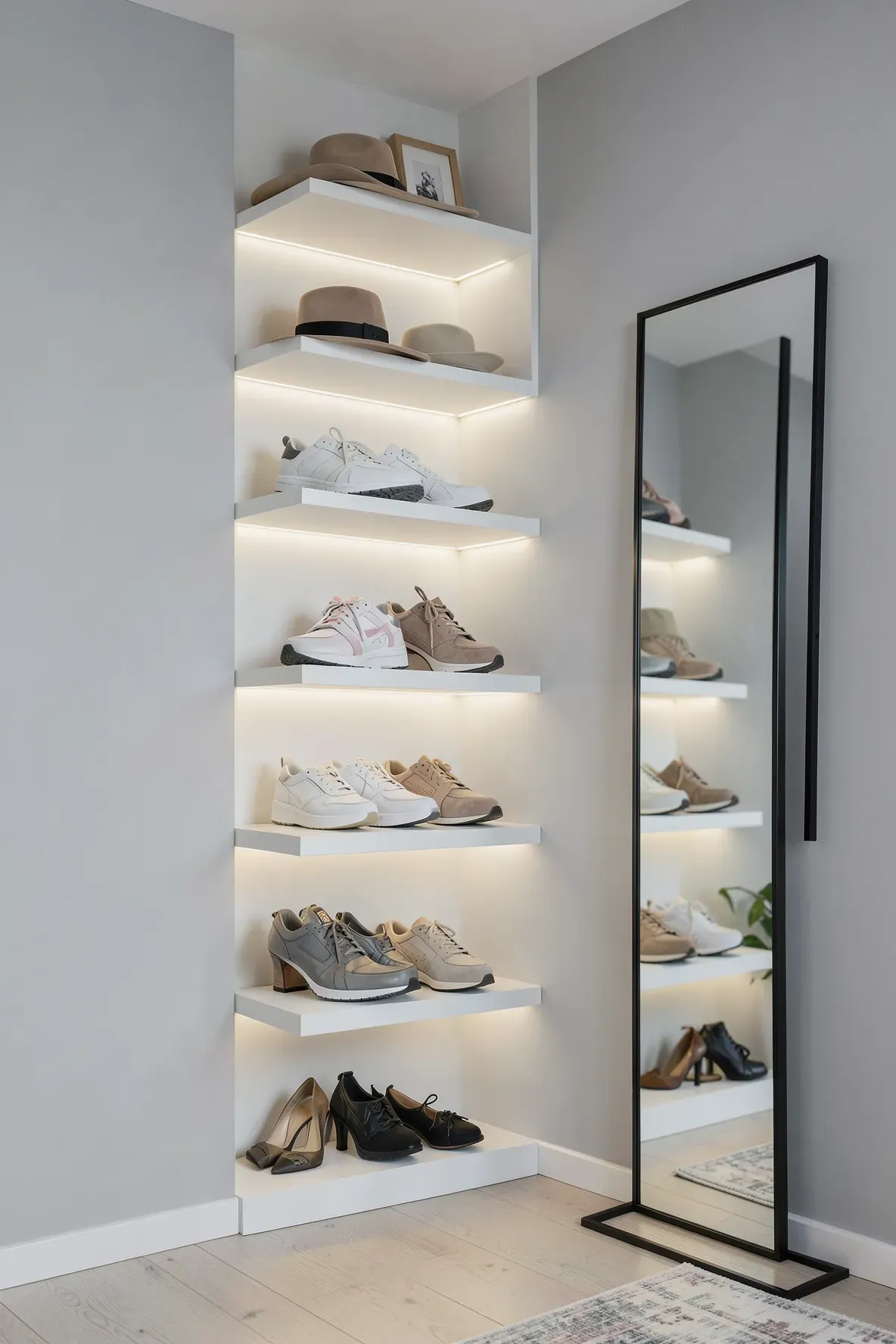 Vertical white picture ledges used to display shoes and hats like art in a bedroom.