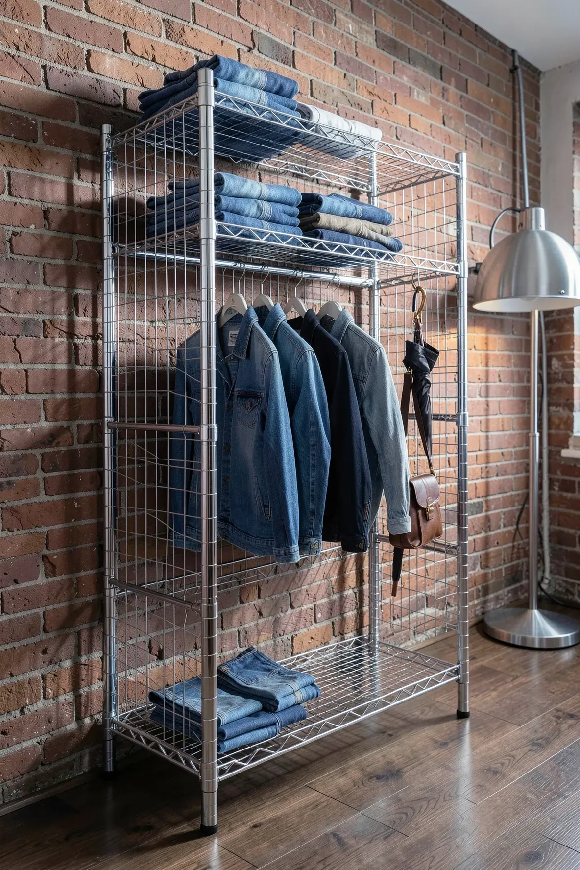 An industrial chrome wire shelving unit with folded clothes and side hooks in a loft bedroom.
