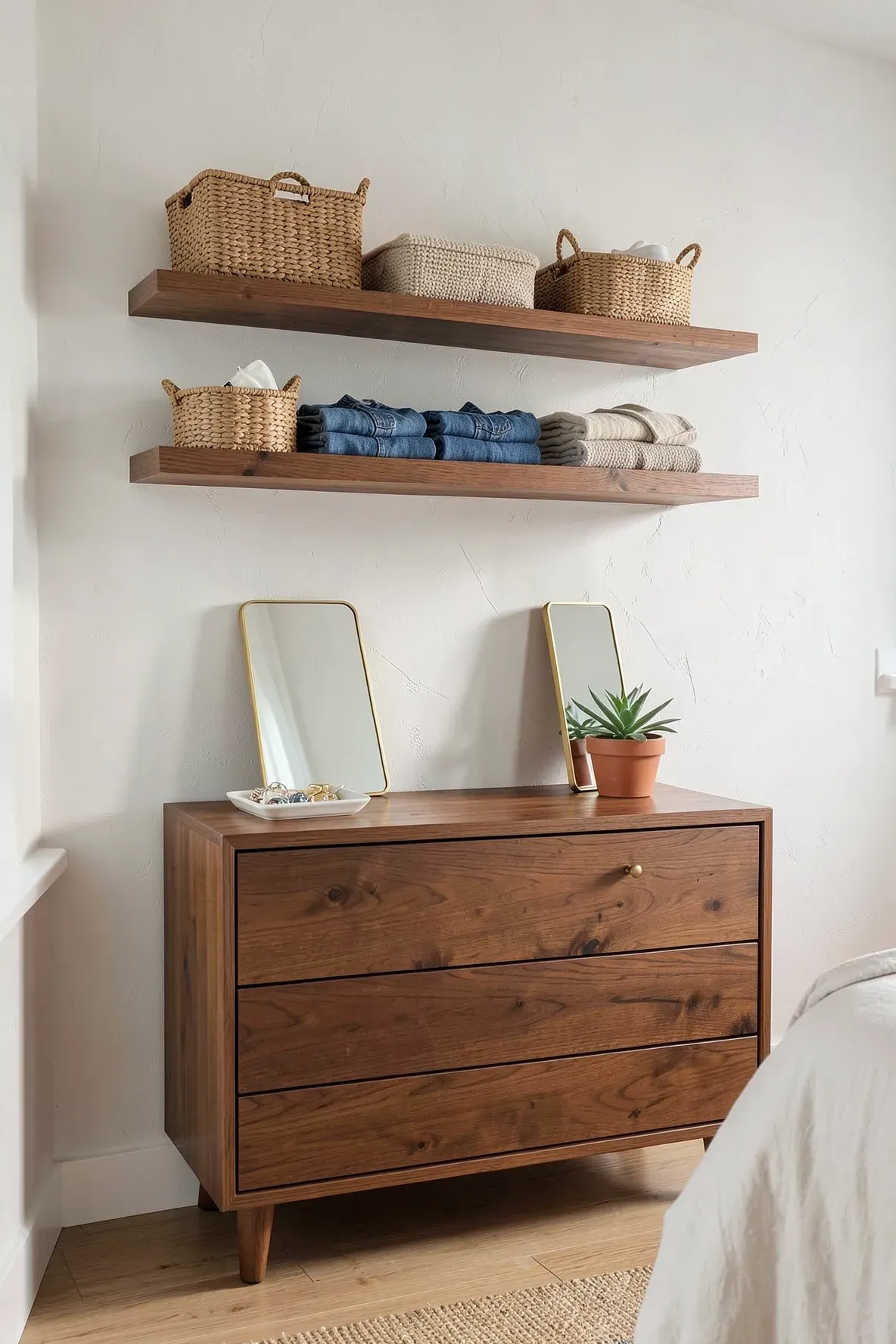 Solid oak floating shelves mounted above a wooden dresser with folded clothes and baskets.