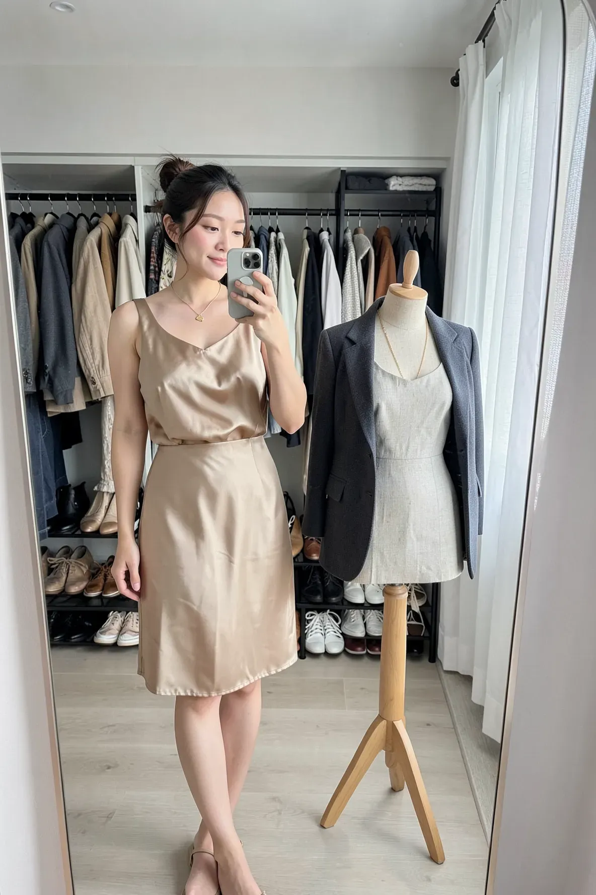 A woman taking a mirror selfie next to a mannequin torso styled with a blazer in a bedroom.