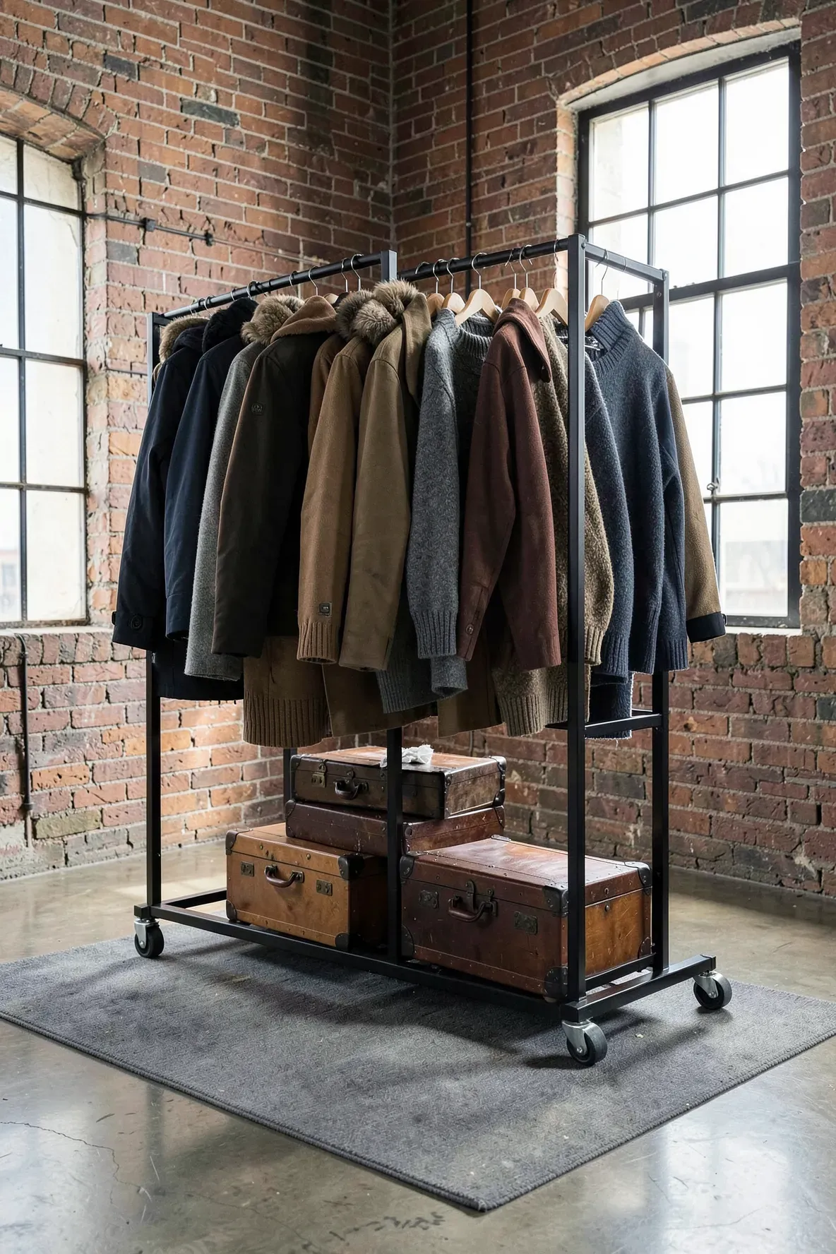 A black metal Z-rack filled with winter coats standing against an exposed brick wall.