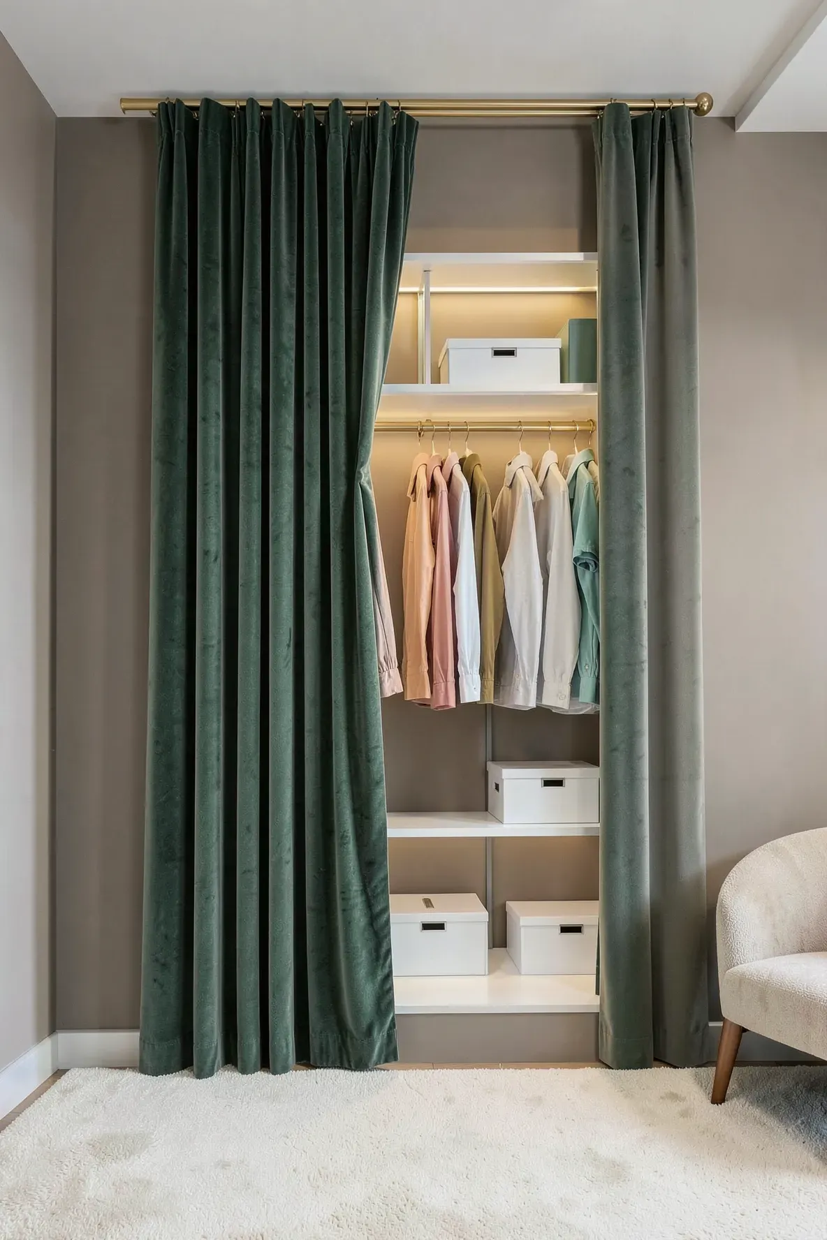Elegant forest green velvet curtains partially open to reveal a white organized shelving niche.