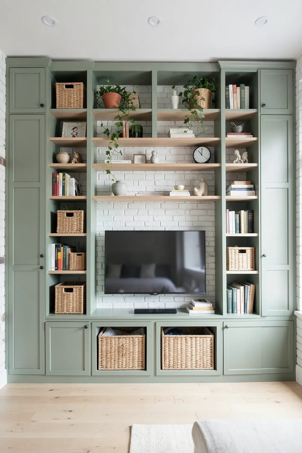 A sage green built-in closet wall with open shelving cubbies surrounding a central TV space.
