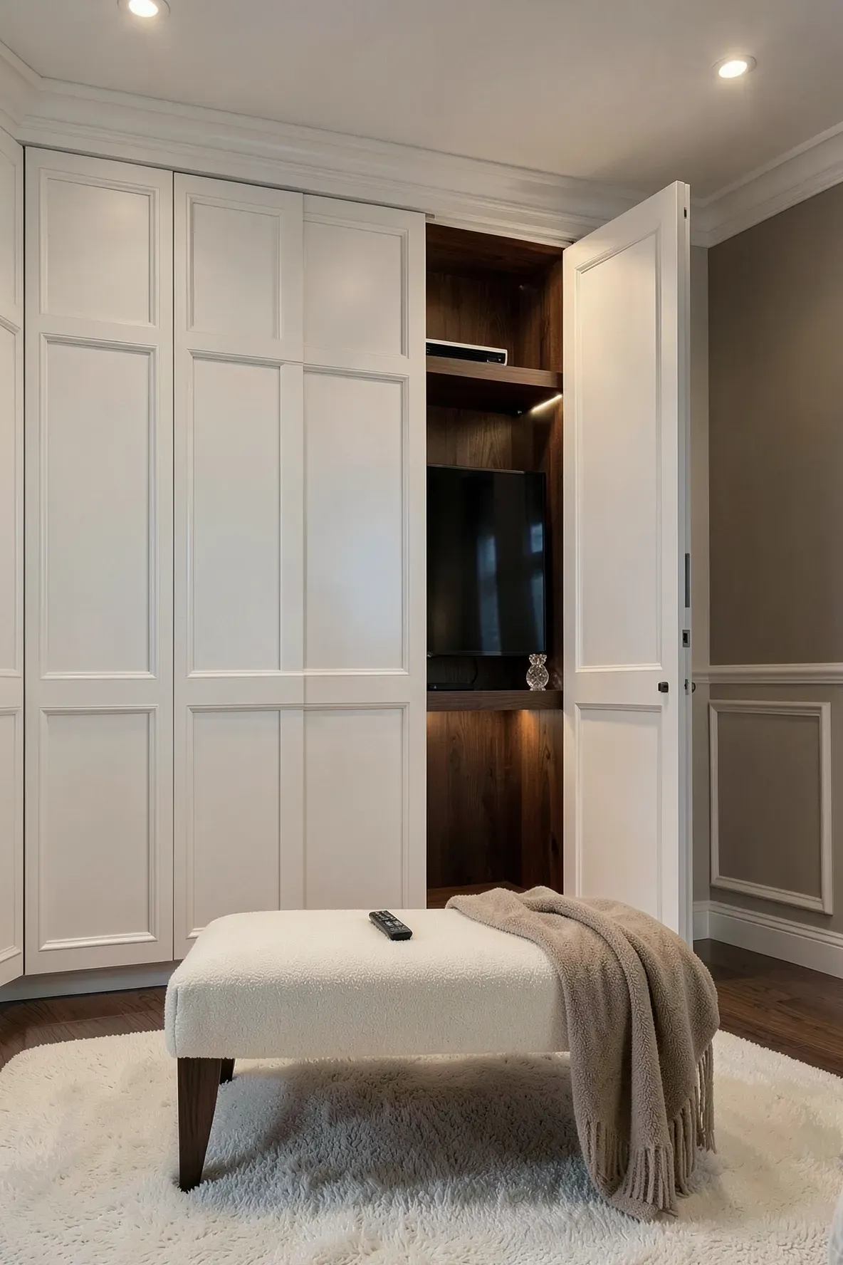 White shaker-style closet doors folded back to reveal a TV screen hidden inside a walnut-lined niche.