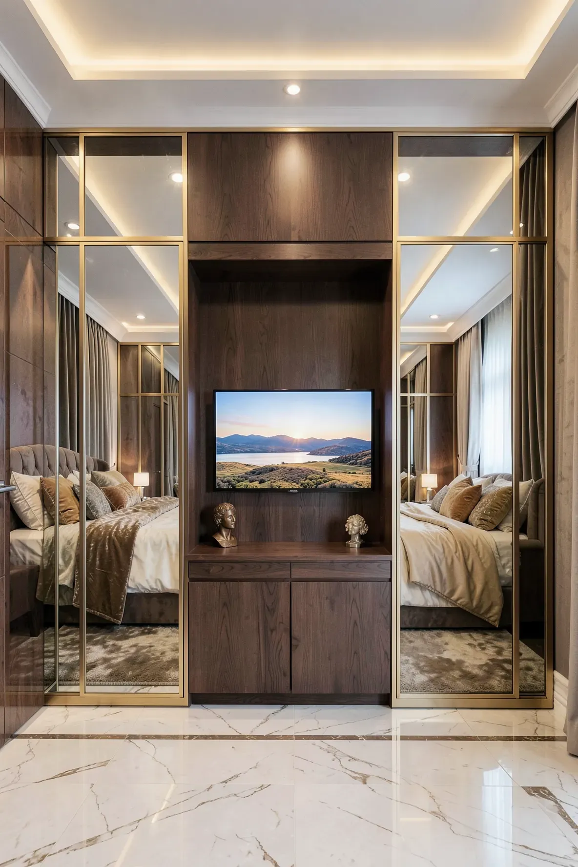 A bedroom wall of mirrored closets featuring a central wood-lined alcove for a flat-screen TV.