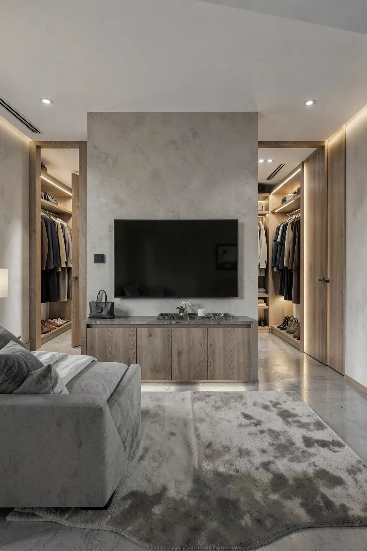 A bedroom partition wall with a mounted TV that hides a walk-through closet area behind it.