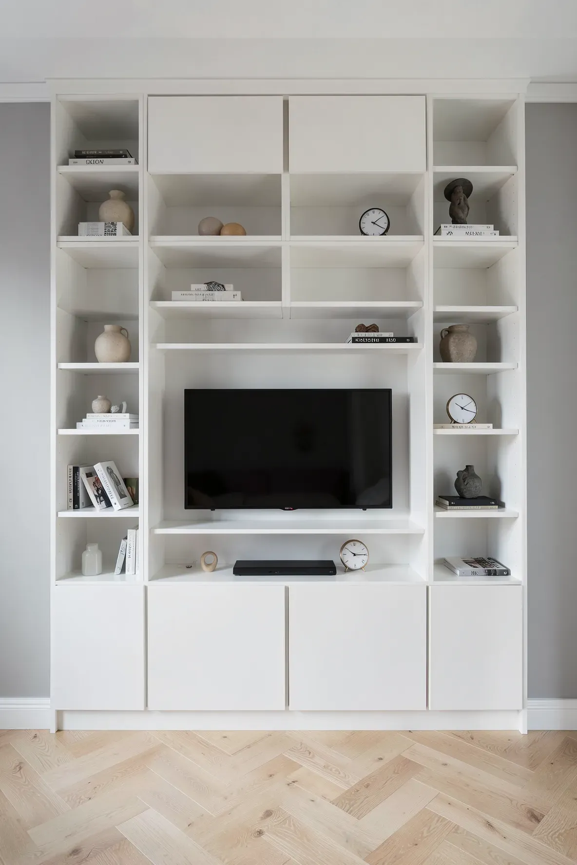 White built-in closet with adjustable floating shelves surrounding a large television.
