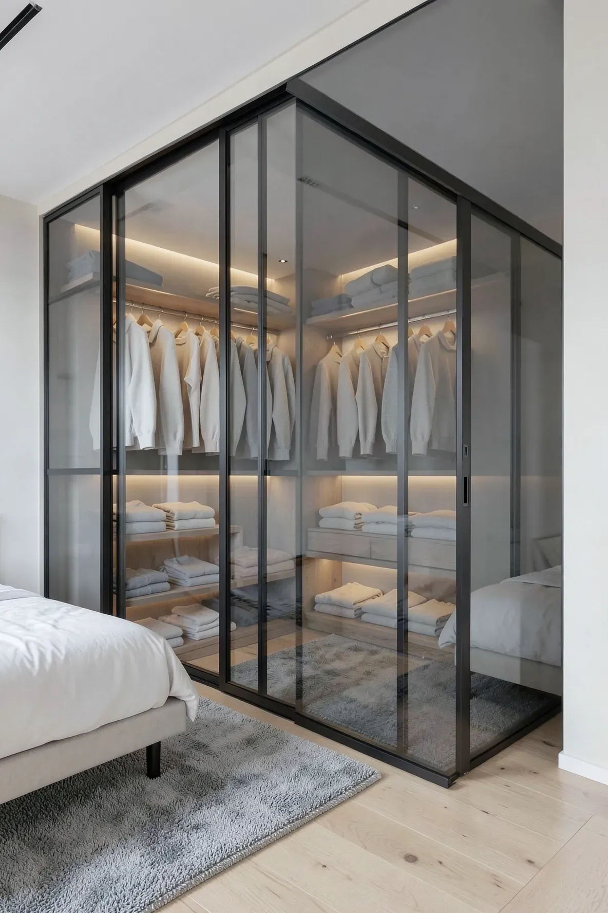 A modern bedroom featuring floor-to-ceiling smoked glass sliding closet doors with black frames.