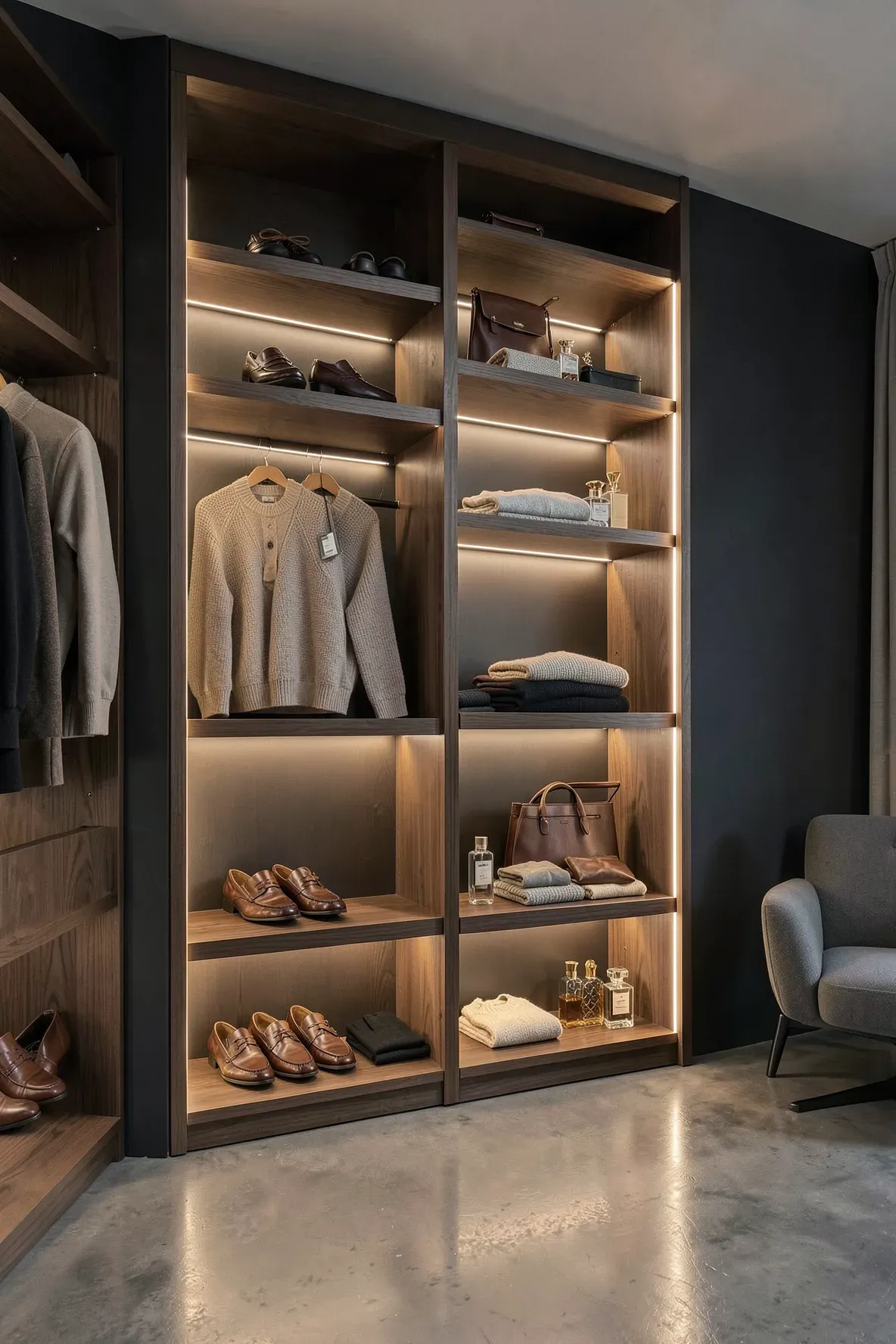 Open walnut wood closet shelves with integrated warm LED lighting showcasing organized clothes.