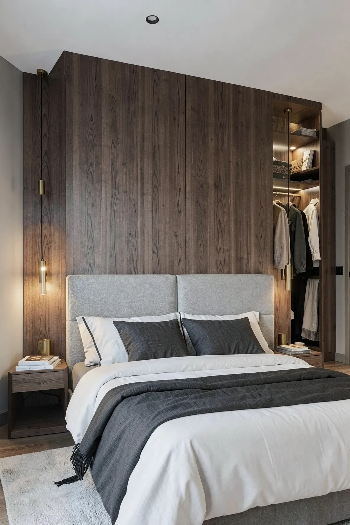 A bedroom with a floating wood headboard wall that acts as a divider for a walk-in closet behind it.