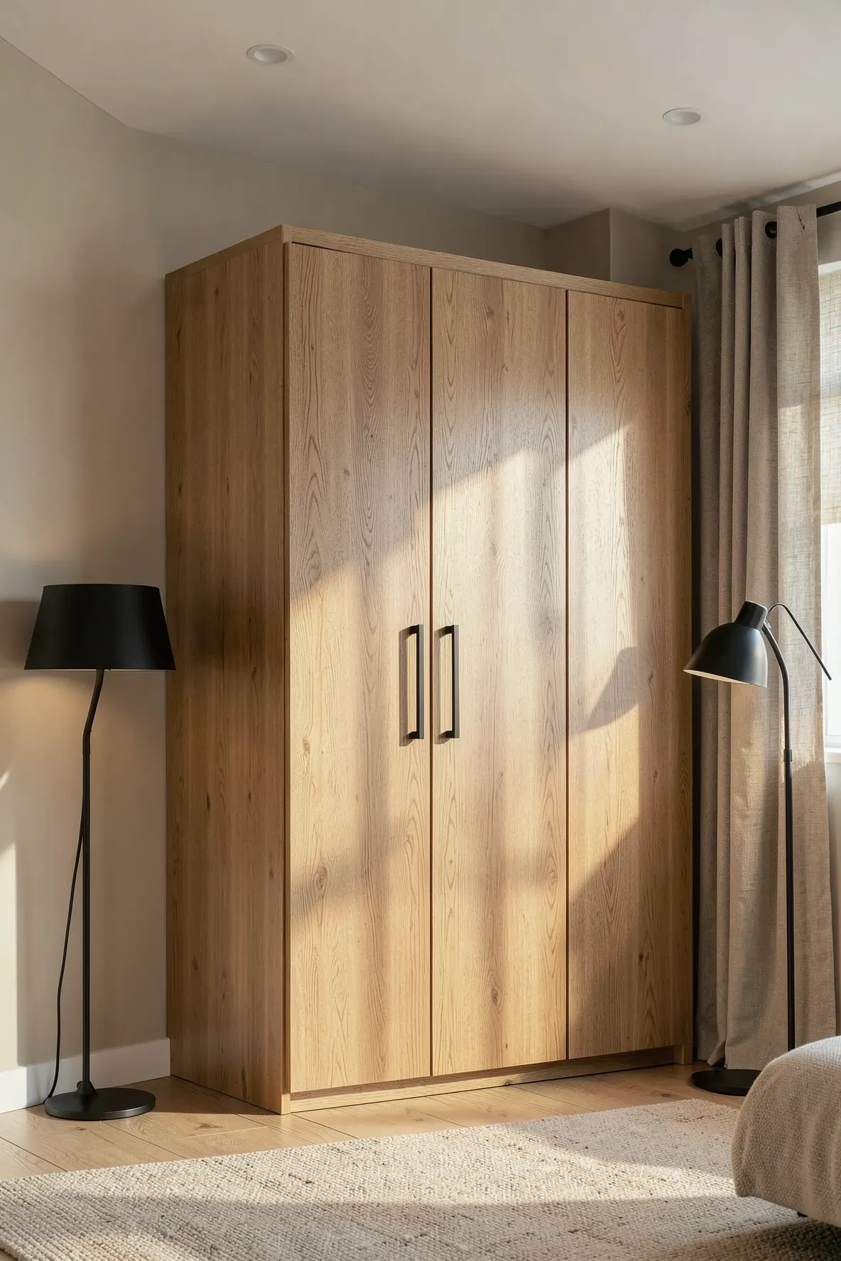 A modern reach-in closet with natural oak veneer doors and long matte black handles.