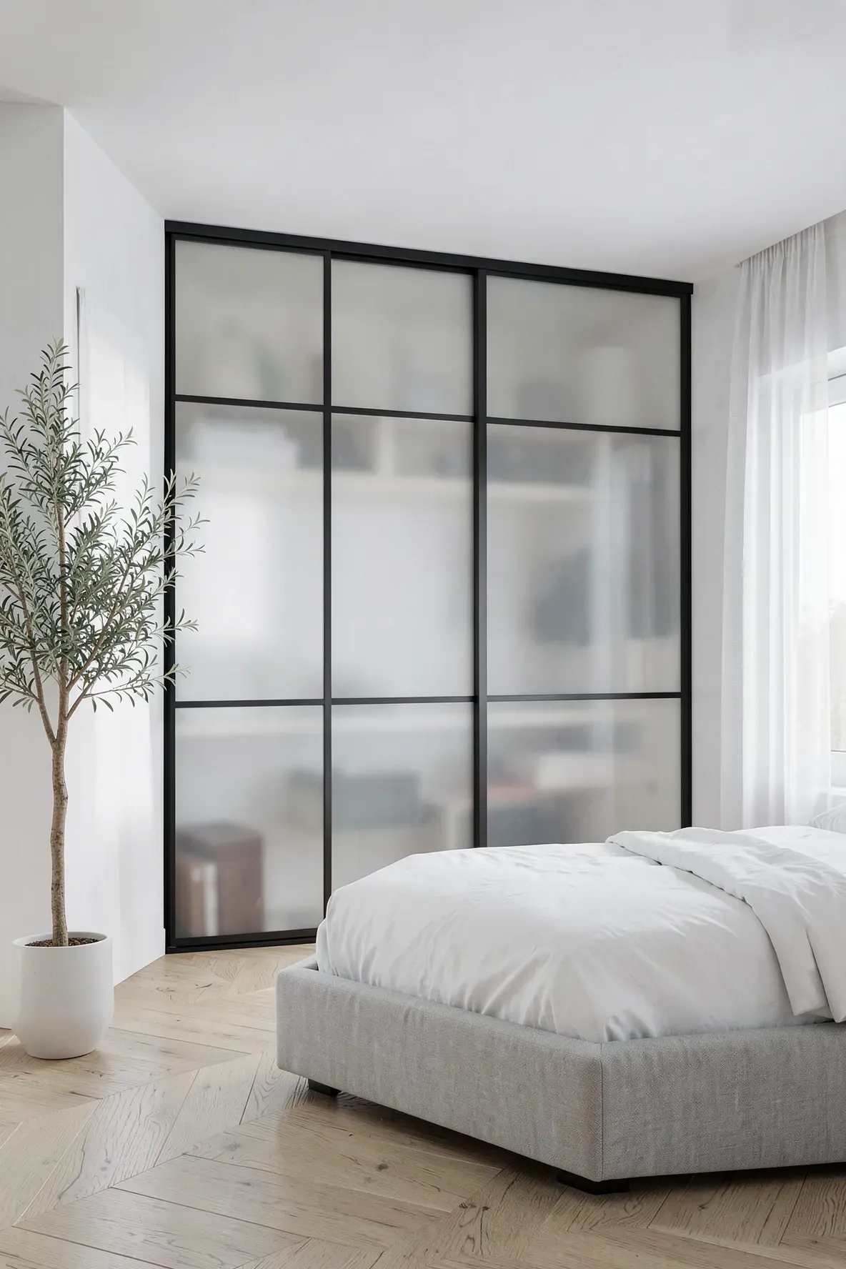 A modern bedroom featuring a full-wall closet with translucent frosted glass sliding doors.