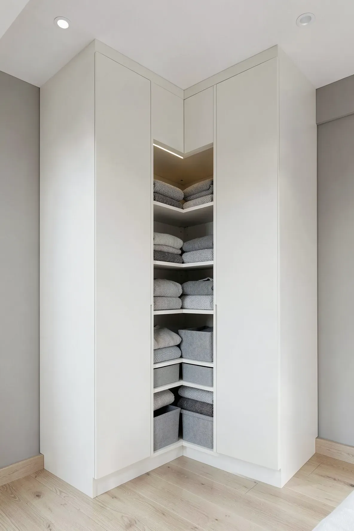 A floor-to-ceiling L-shaped built-in closet painted off-white in a modern bedroom corner.
