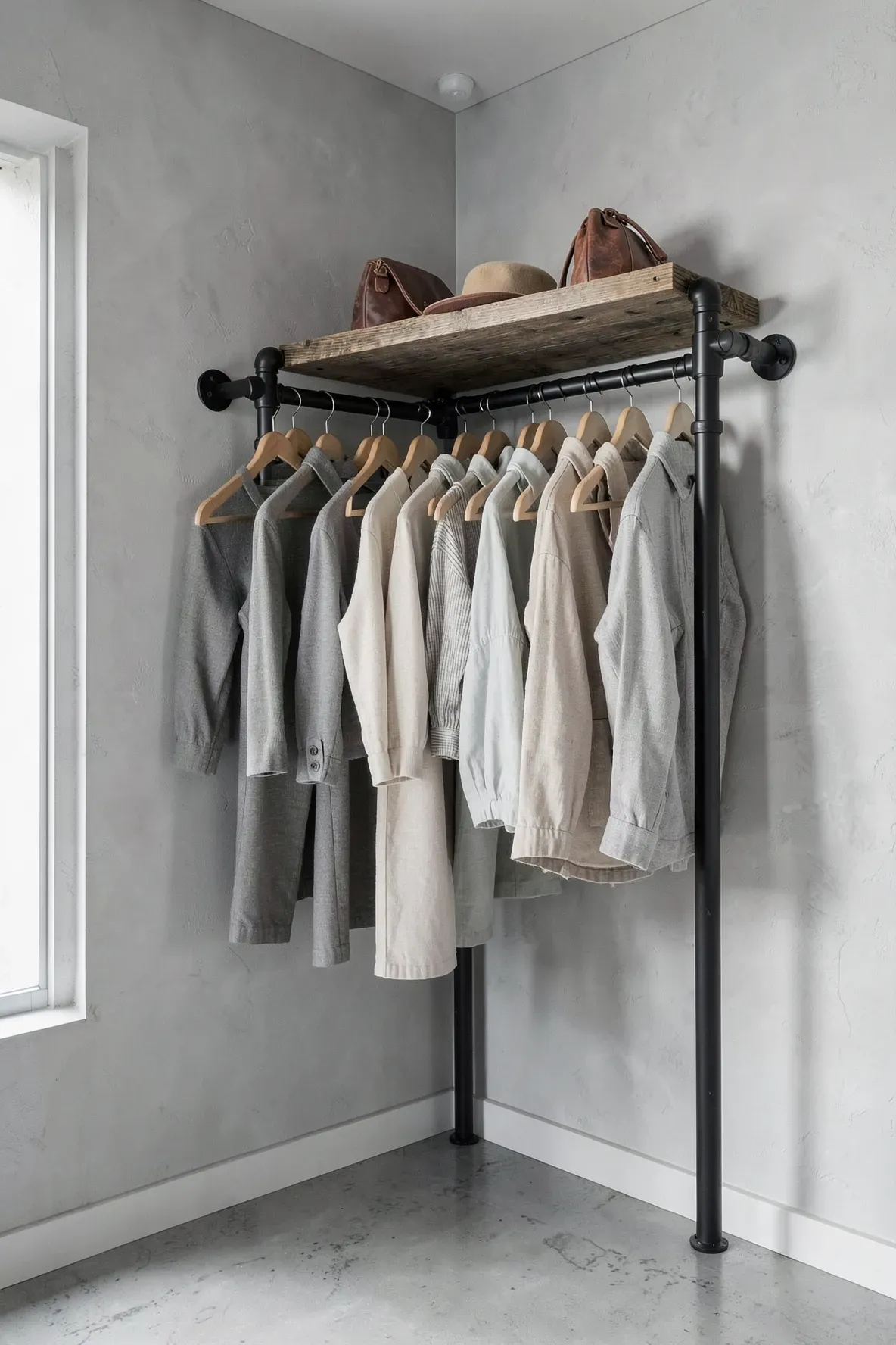 An industrial open corner closet with black metal pipes, wooden hangers, and a top shelf.