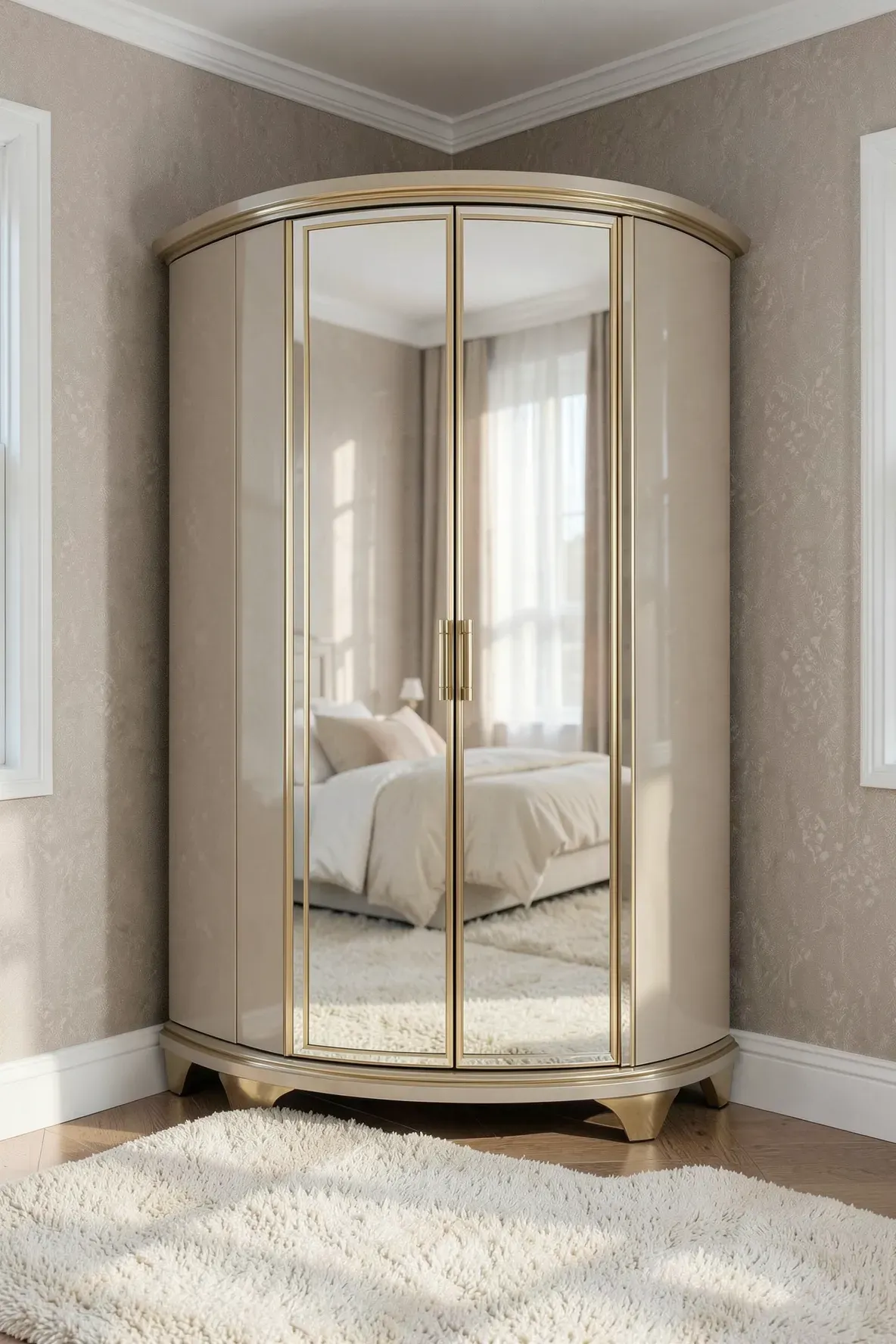 A curved freestanding corner wardrobe with full-length mirrored doors in a bright bedroom.