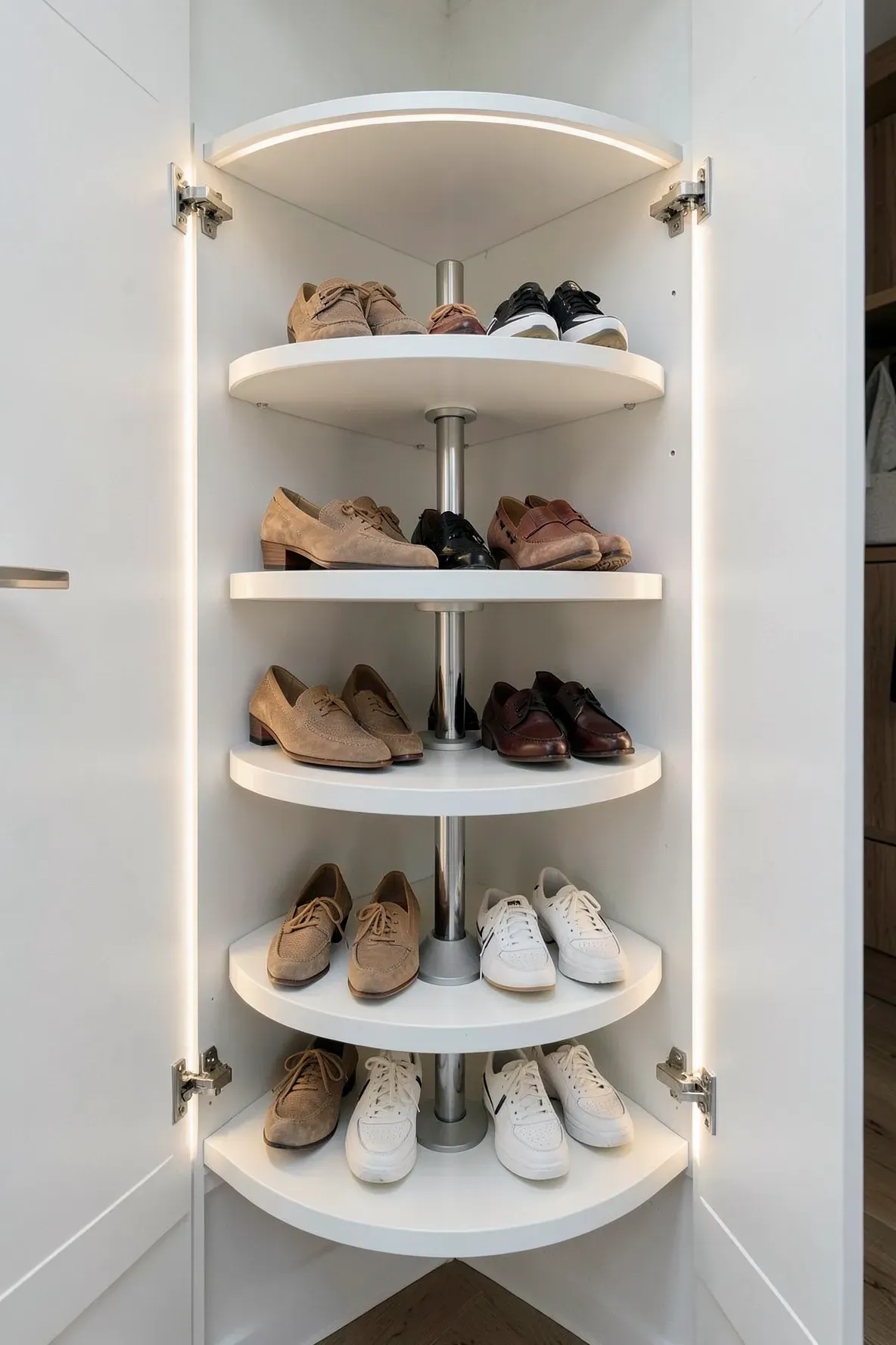 A rotating shoe carousel inside a corner closet with multiple tiers of organized footwear.