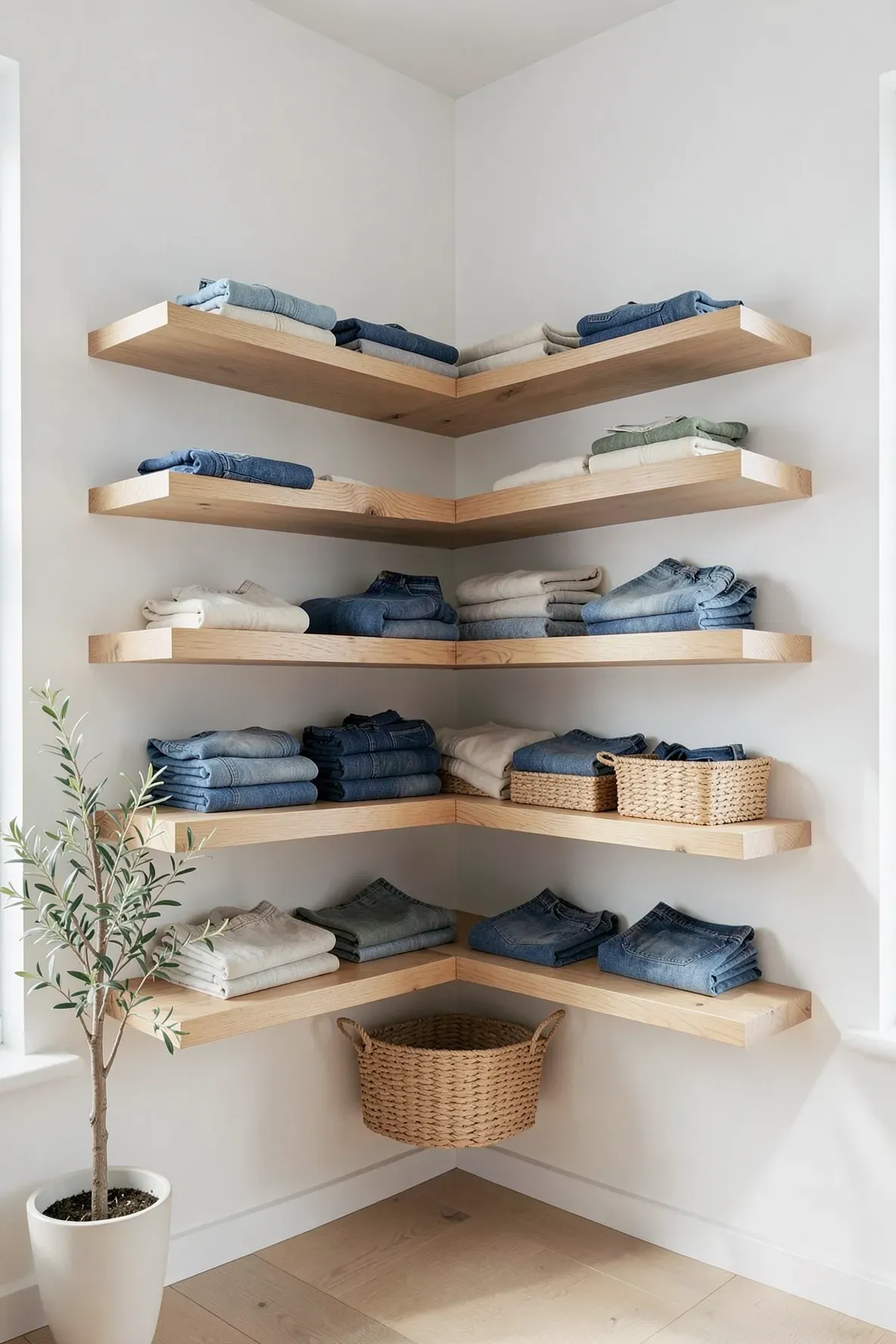 Minimalist oak floating shelves wrapping around a bedroom corner with folded clothes and baskets.