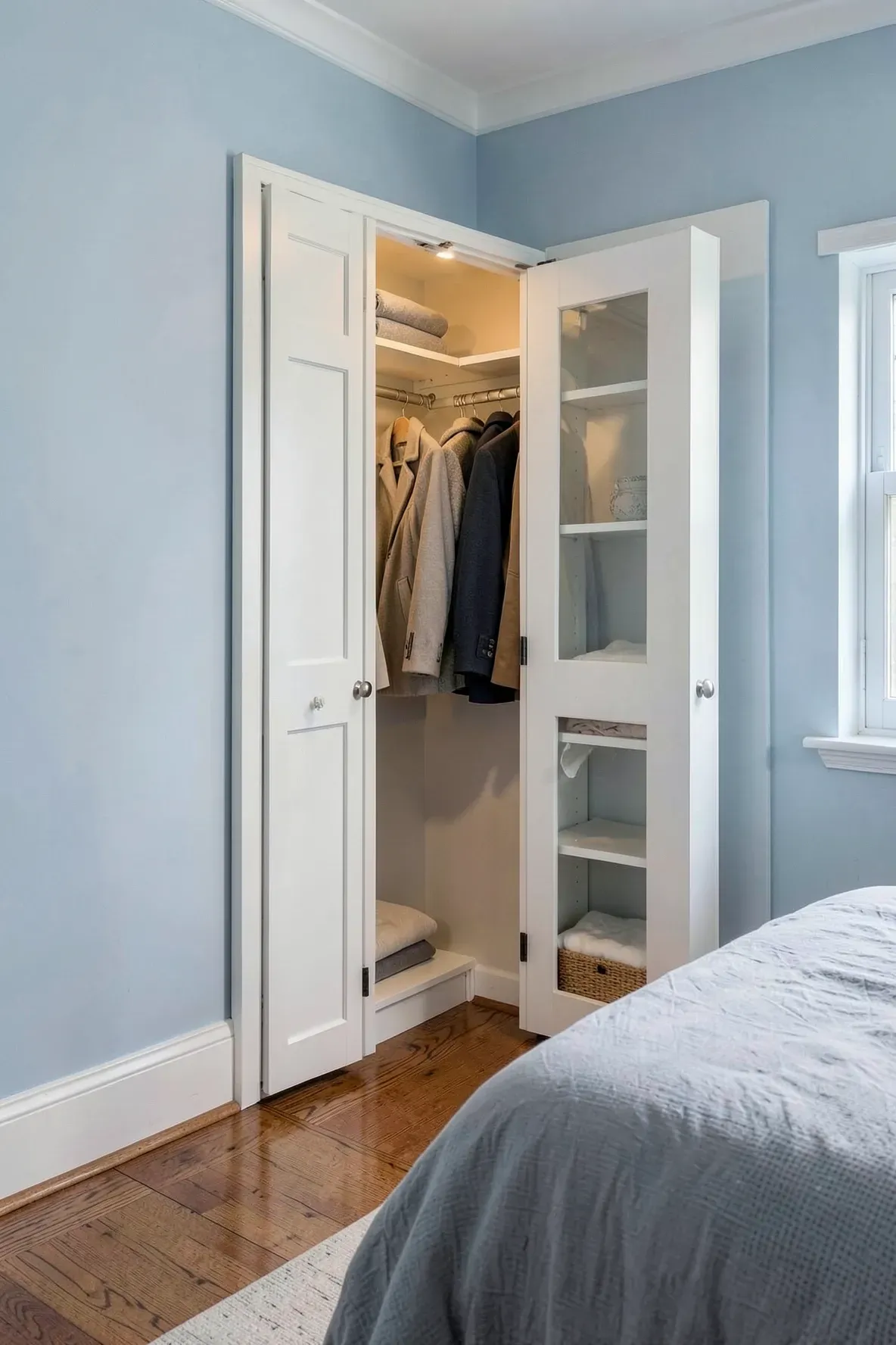 A white diagonal corner closet with bi-fold doors partially open to show a spacious interior.