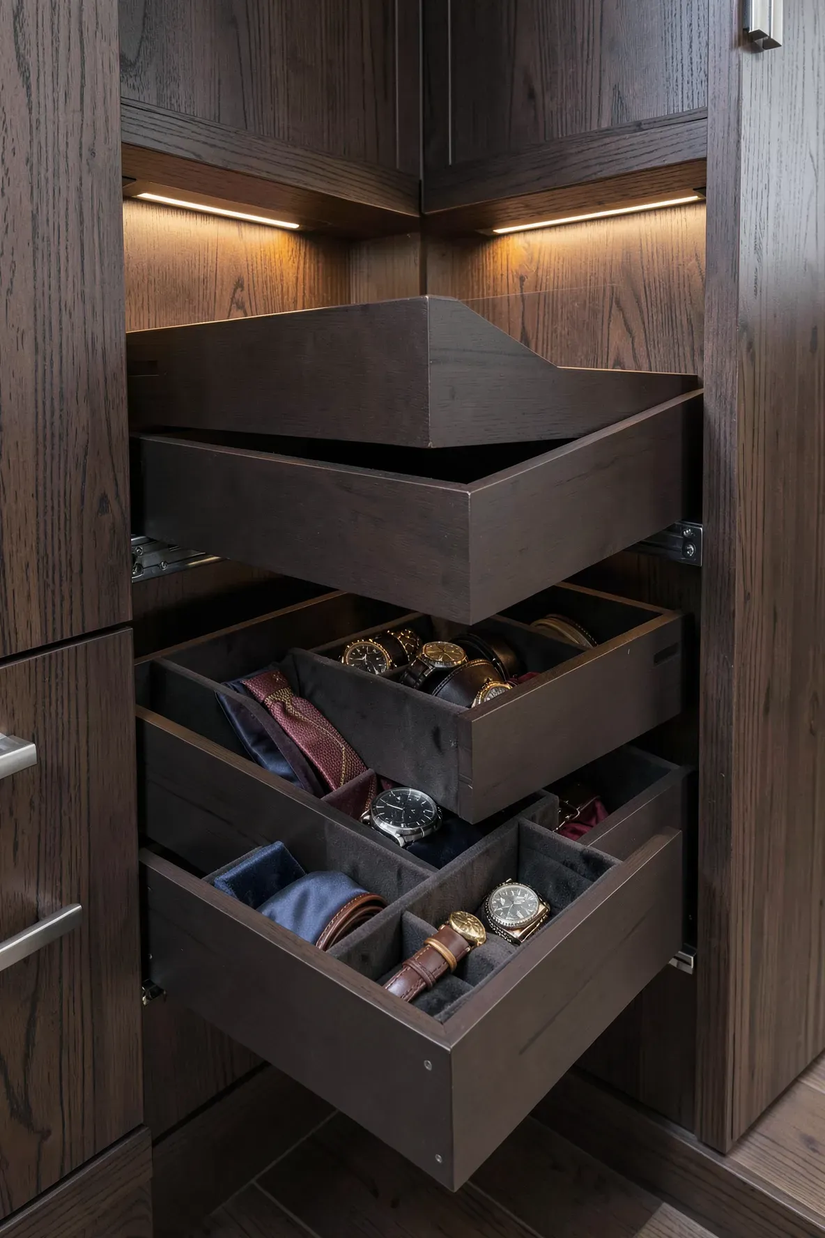 Custom L-shaped pull-out drawers in a walnut corner closet, organized with ties and watches.