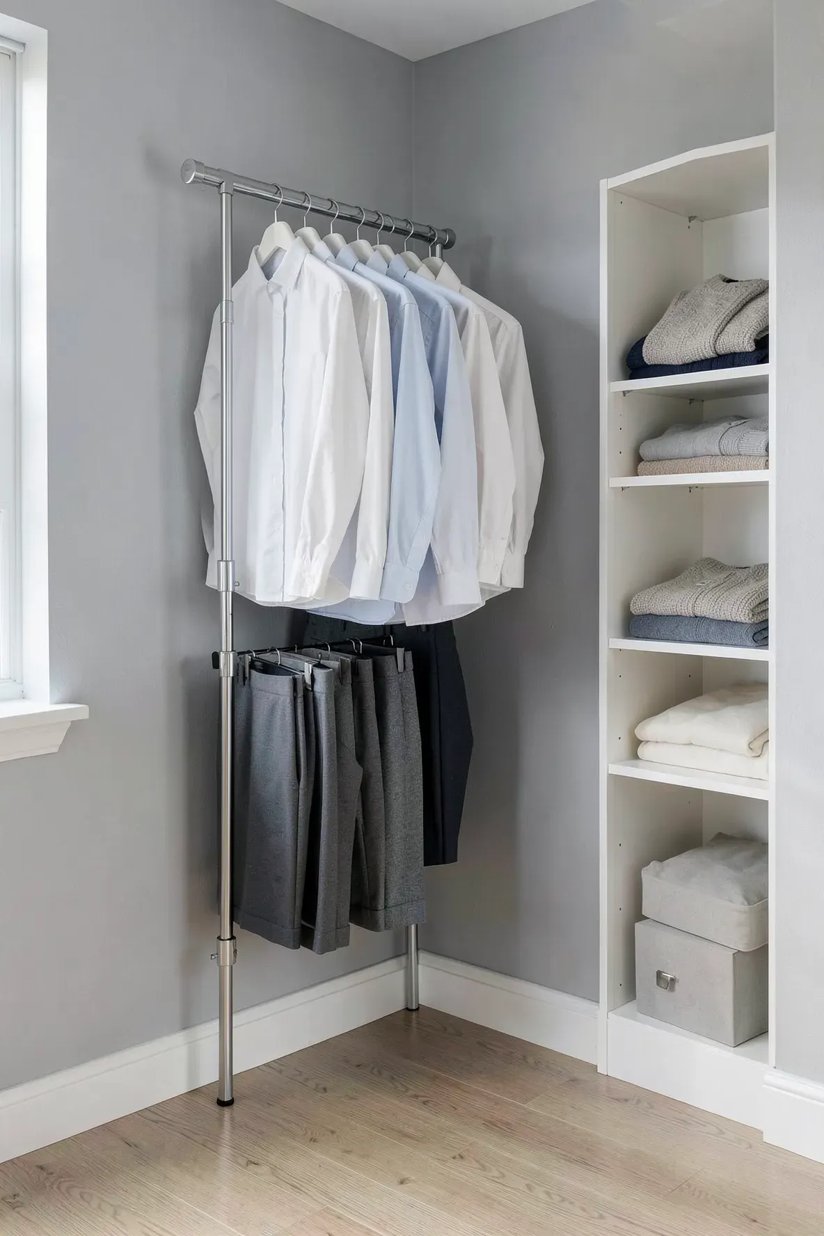 A clean bedroom corner with two levels of chrome hanging rods and organized clothes on white hangers.