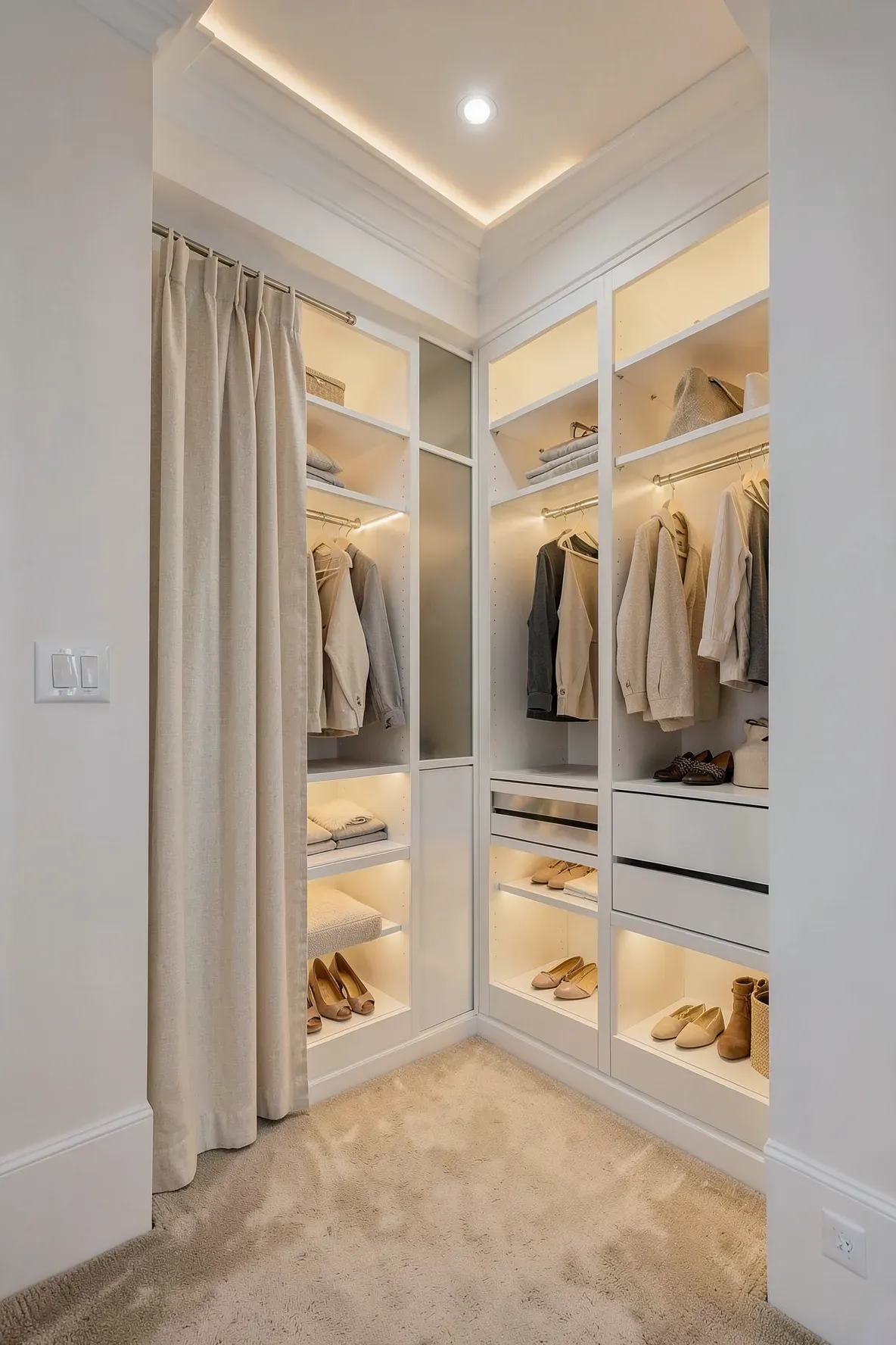 A luxurious corner closet nook with warm recessed LED lighting and white shelving.