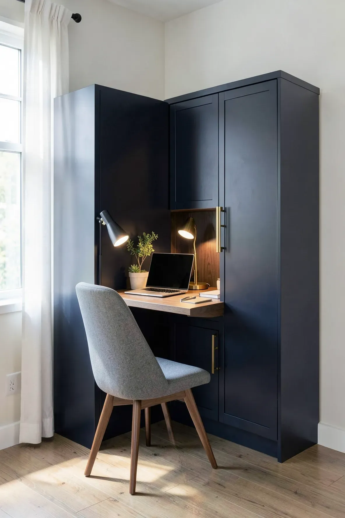 A navy blue corner armoire featuring a built-in desk and wardrobe storage in a bedroom.