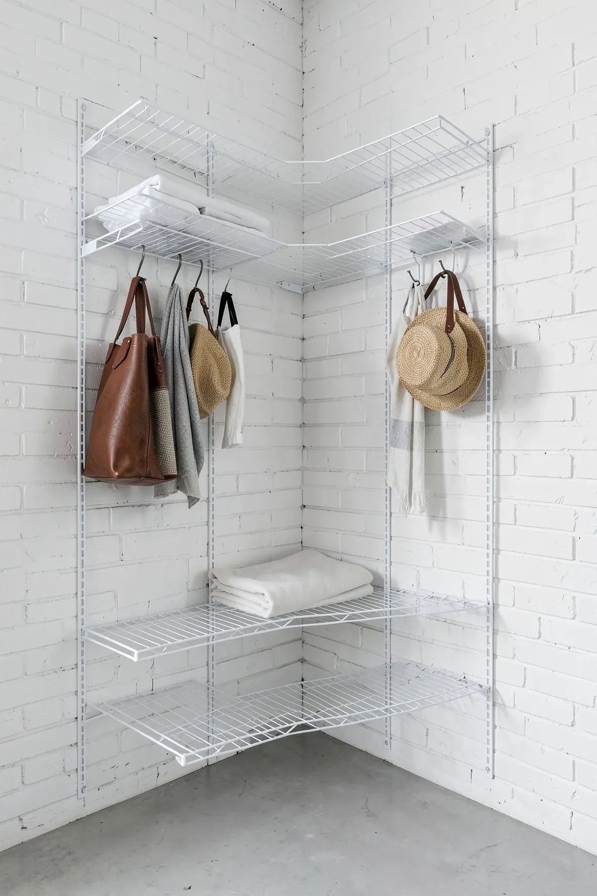 A white modular wire shelving system installed in a bedroom corner for breathable clothing storage.
