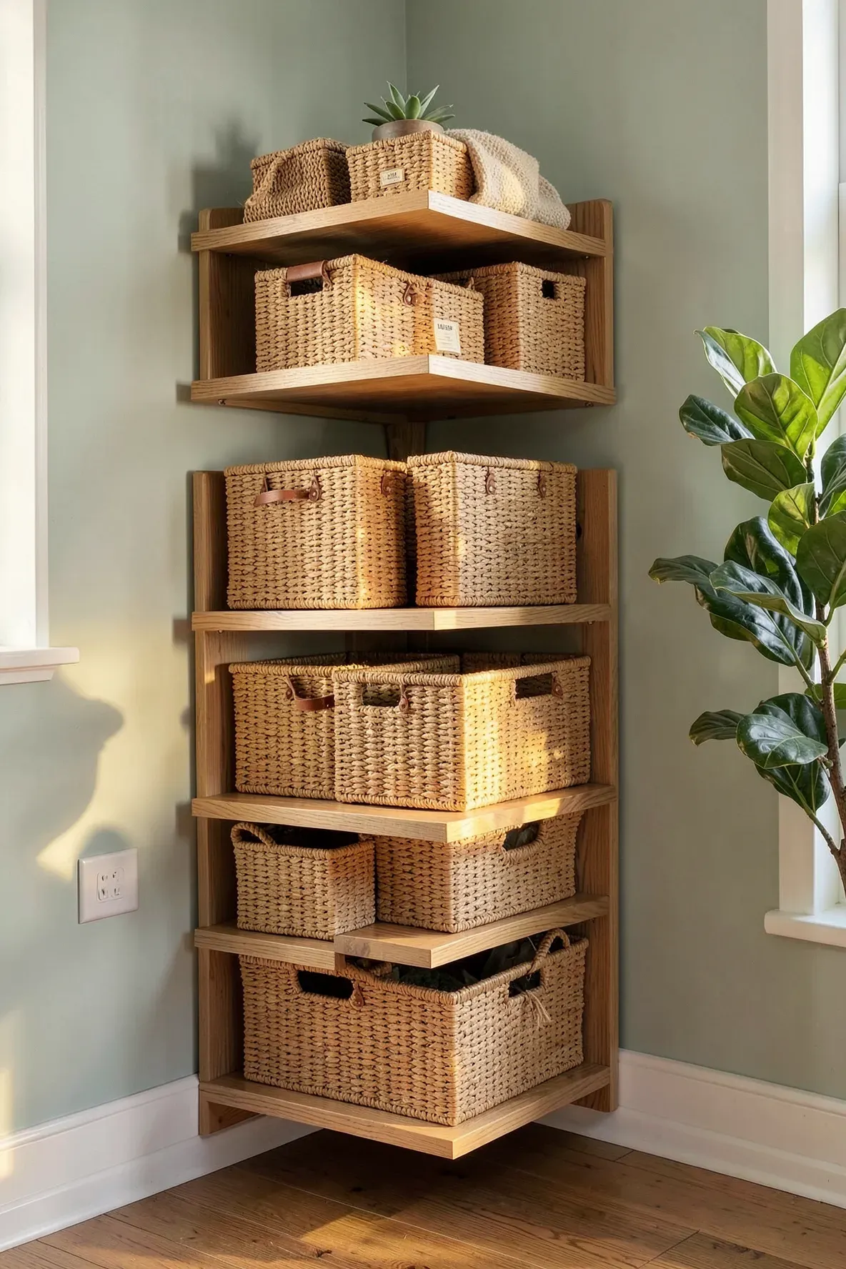 Wooden L-shaped corner shelves with woven seagrass baskets for organized bedroom storage.